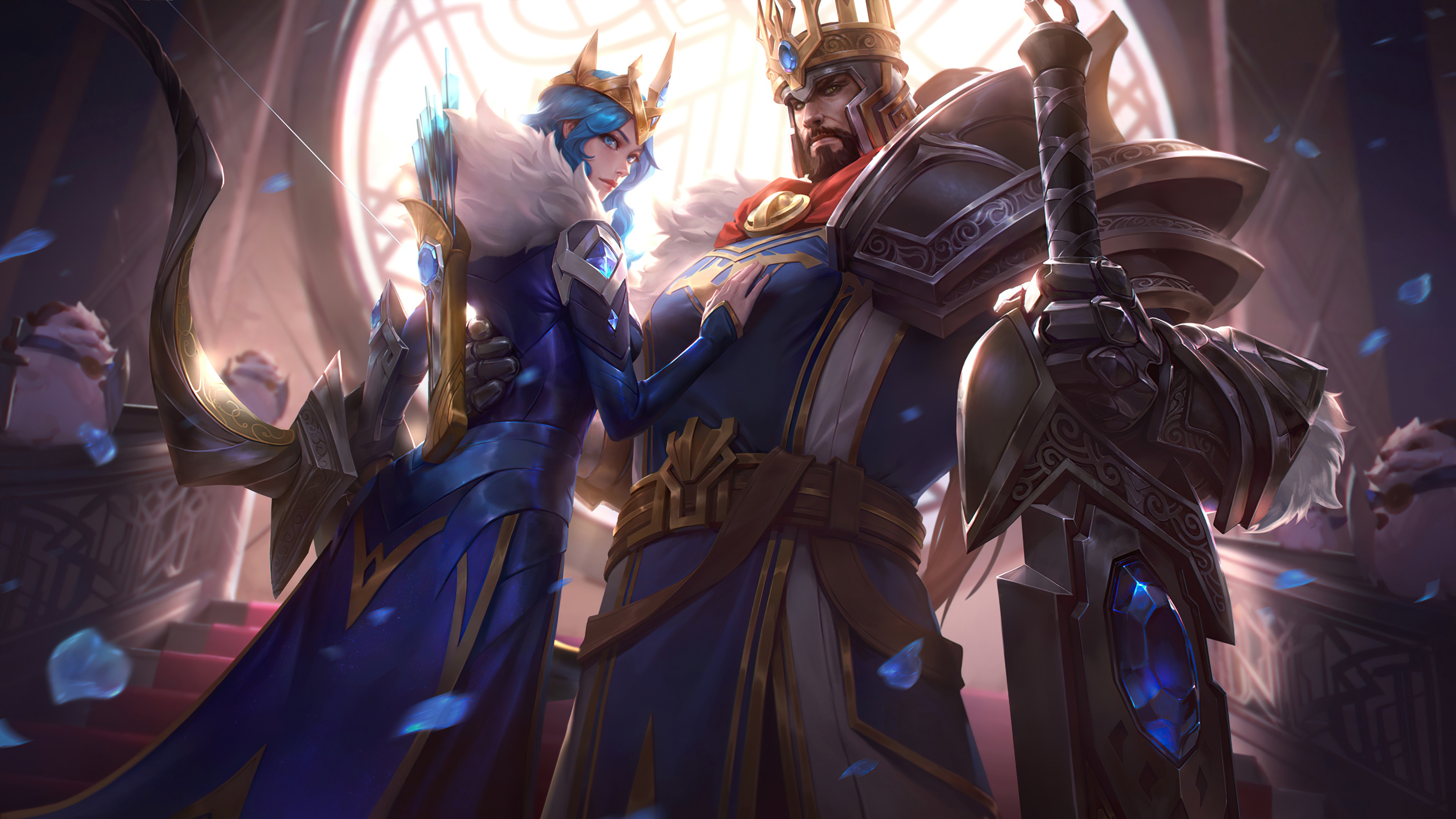 ashe (league of legends), video game, league of legends, armor, blue eyes, crown, sword, tryndamere (league of legends), weapon