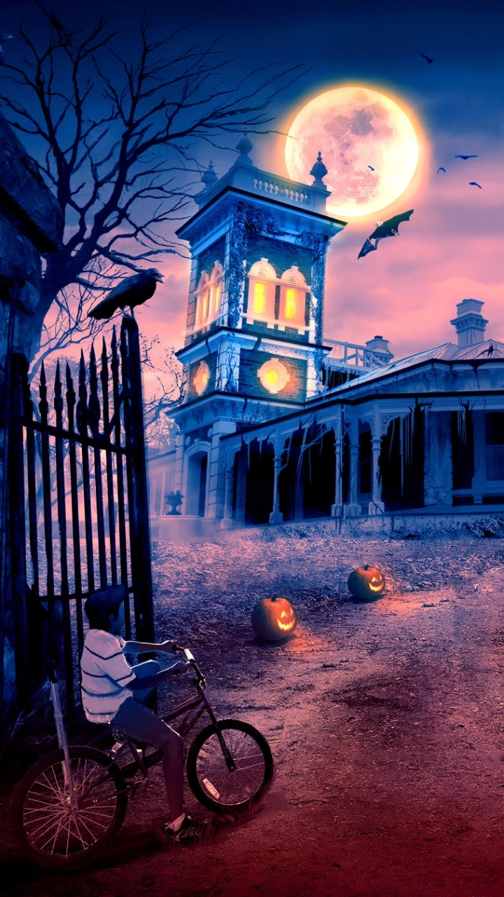 Download mobile wallpaper Halloween, Moon, Holiday, Raven, Bat, Scary, Little Girl, Jack O' Lantern, Haunted House for free.
