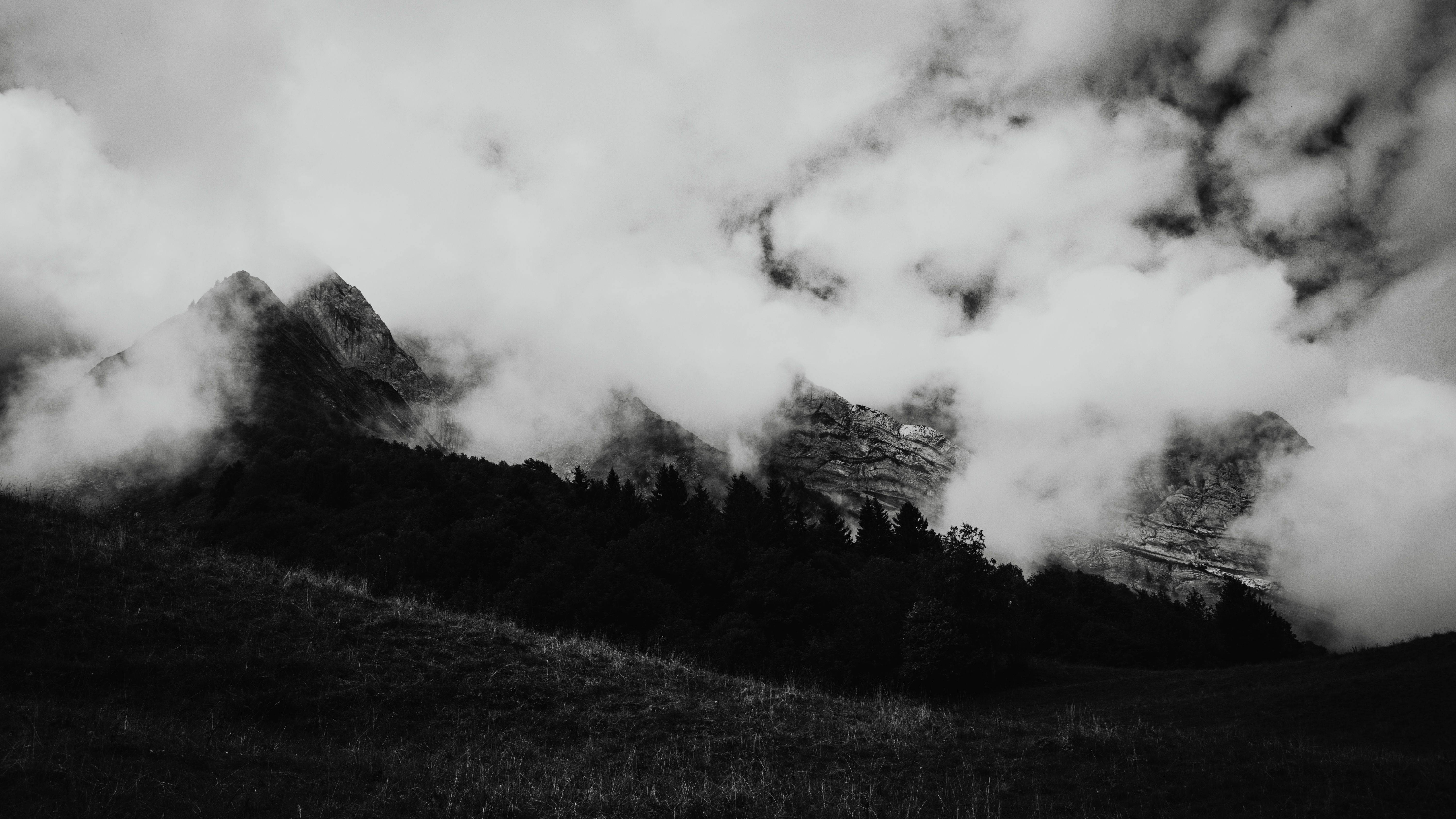 bw, nature, mountains, clouds, rocks, fog, chb 4K, Ultra HD