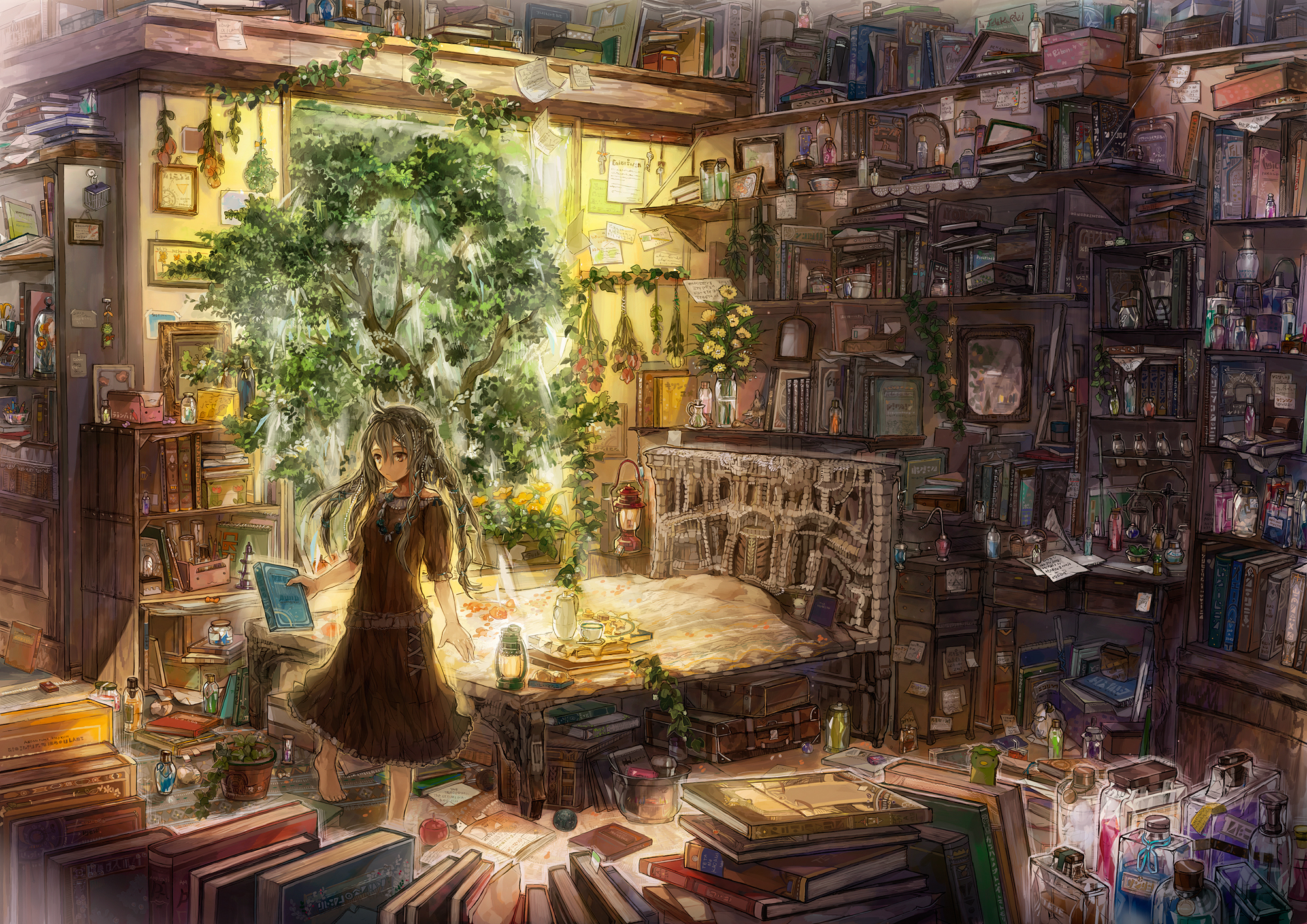 Душный магазинчик. Девушка в библиотеке фэнтези. Книга арт. Магическая Лавка. Сказочная библиотека.