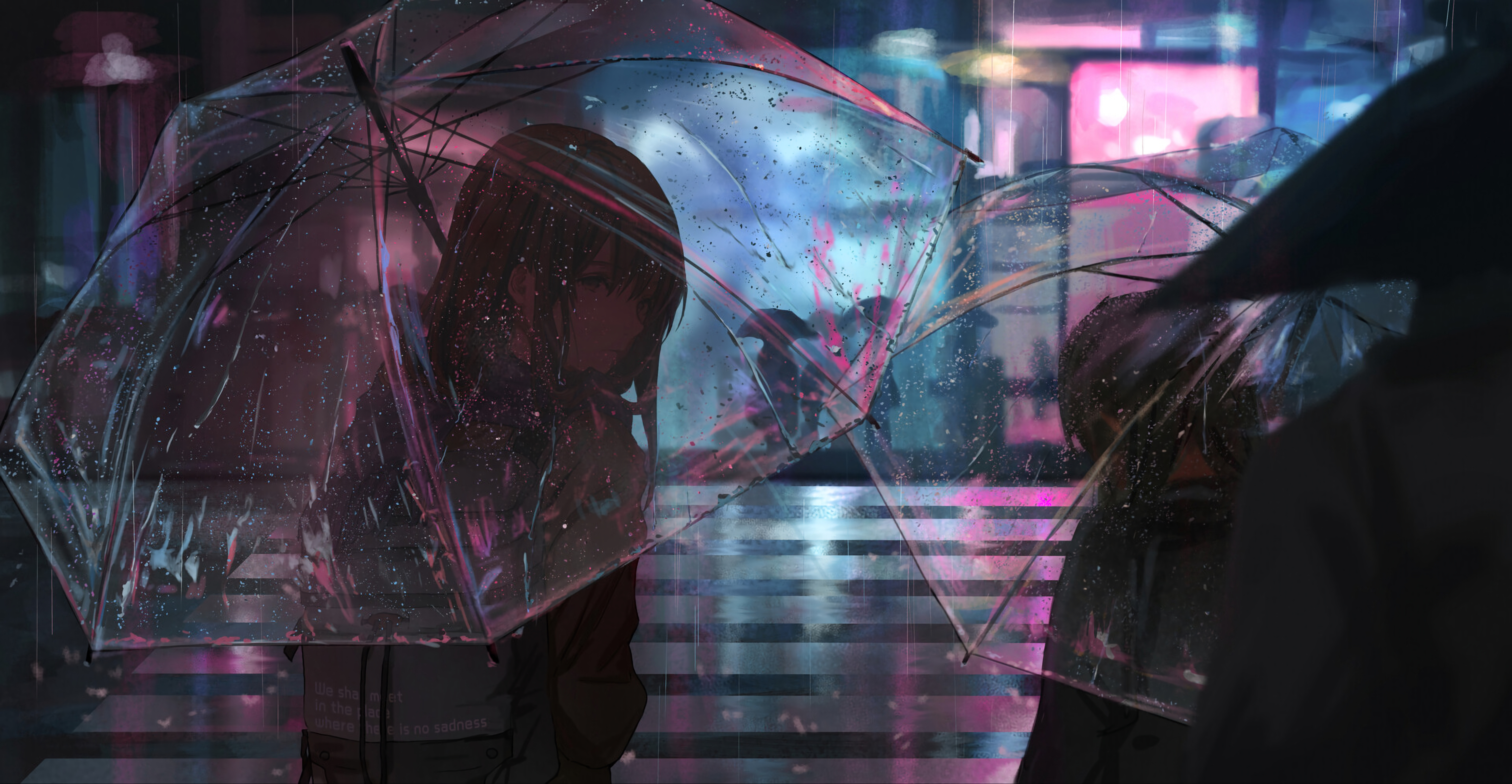 anime, girl, rain, night, umbrella, street