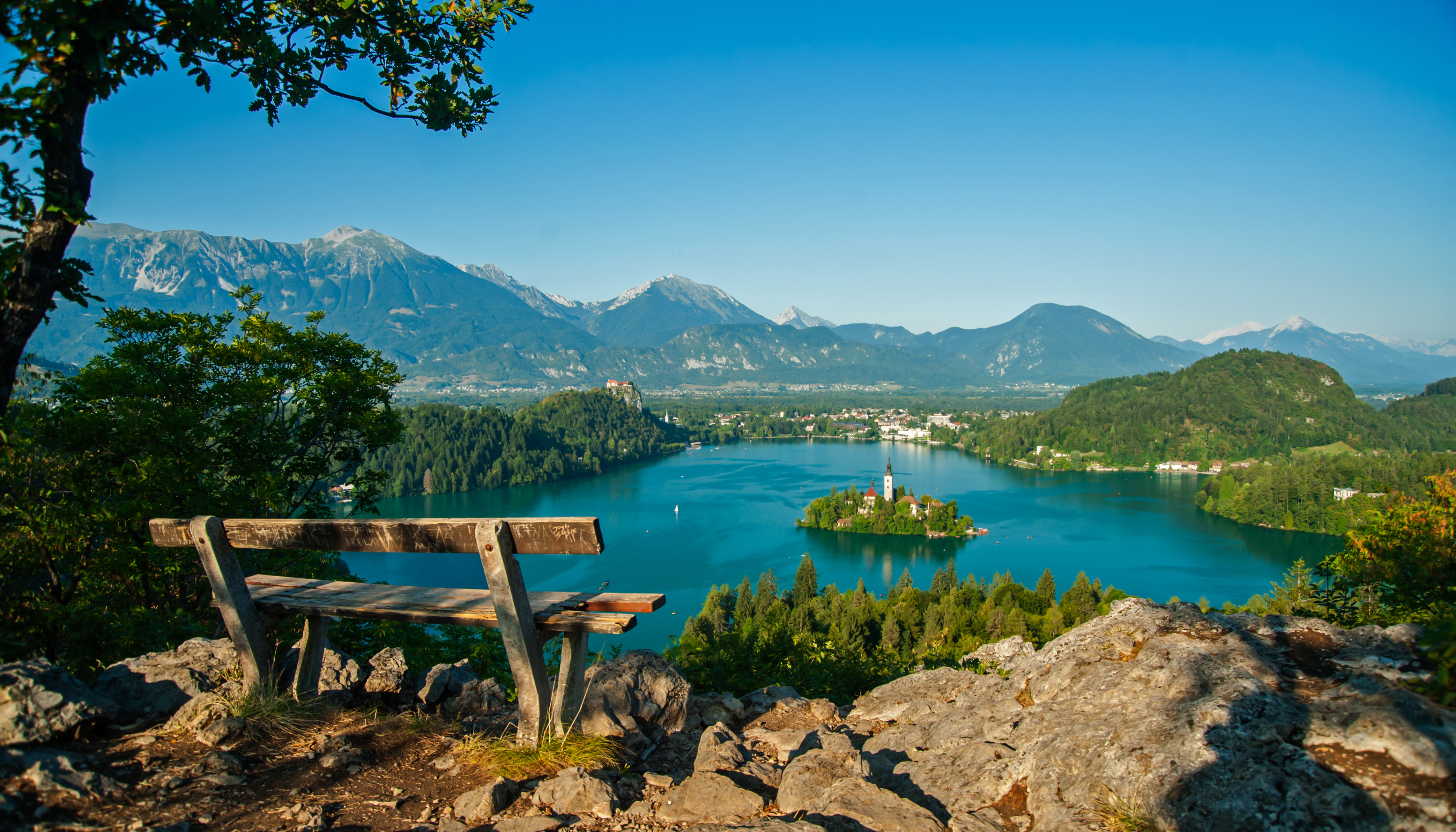 religious, assumption of mary church, bench, lake bled, lake, landscape, churches