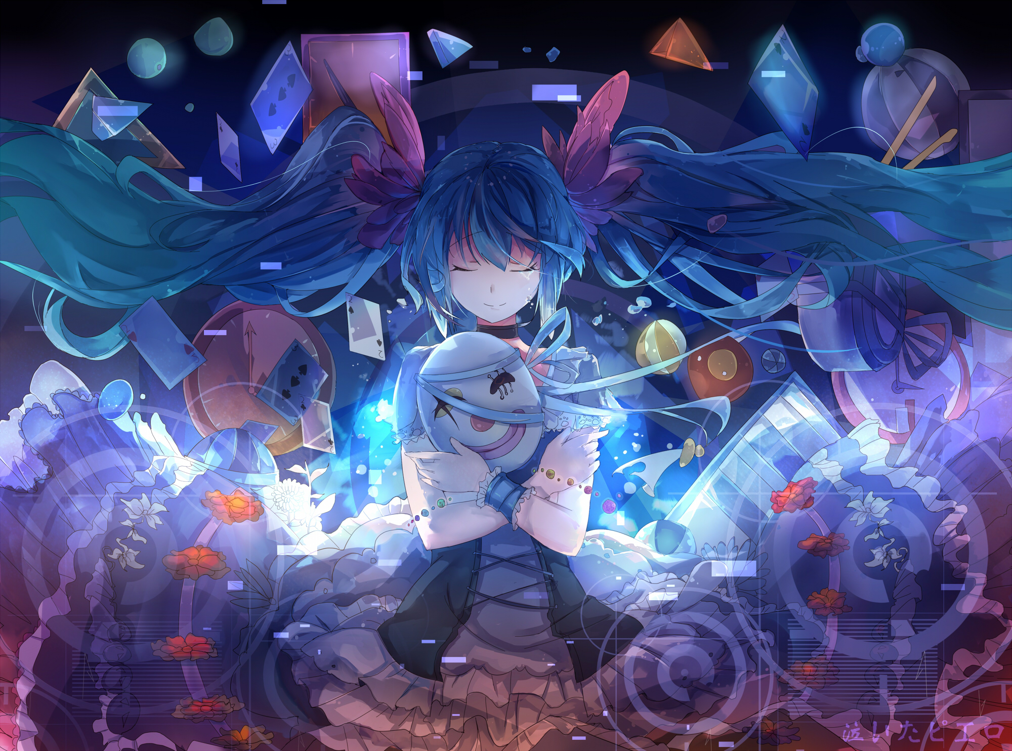 android vocaloid, anime, hatsune miku, blue hair, twintails