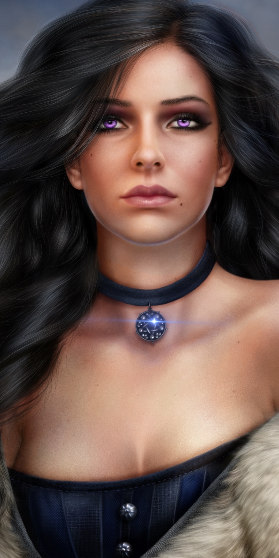 video game, the witcher 3: wild hunt, necklace, purple eyes, yennefer of vengerberg, long hair, black hair, amulet, the witcher HD wallpaper