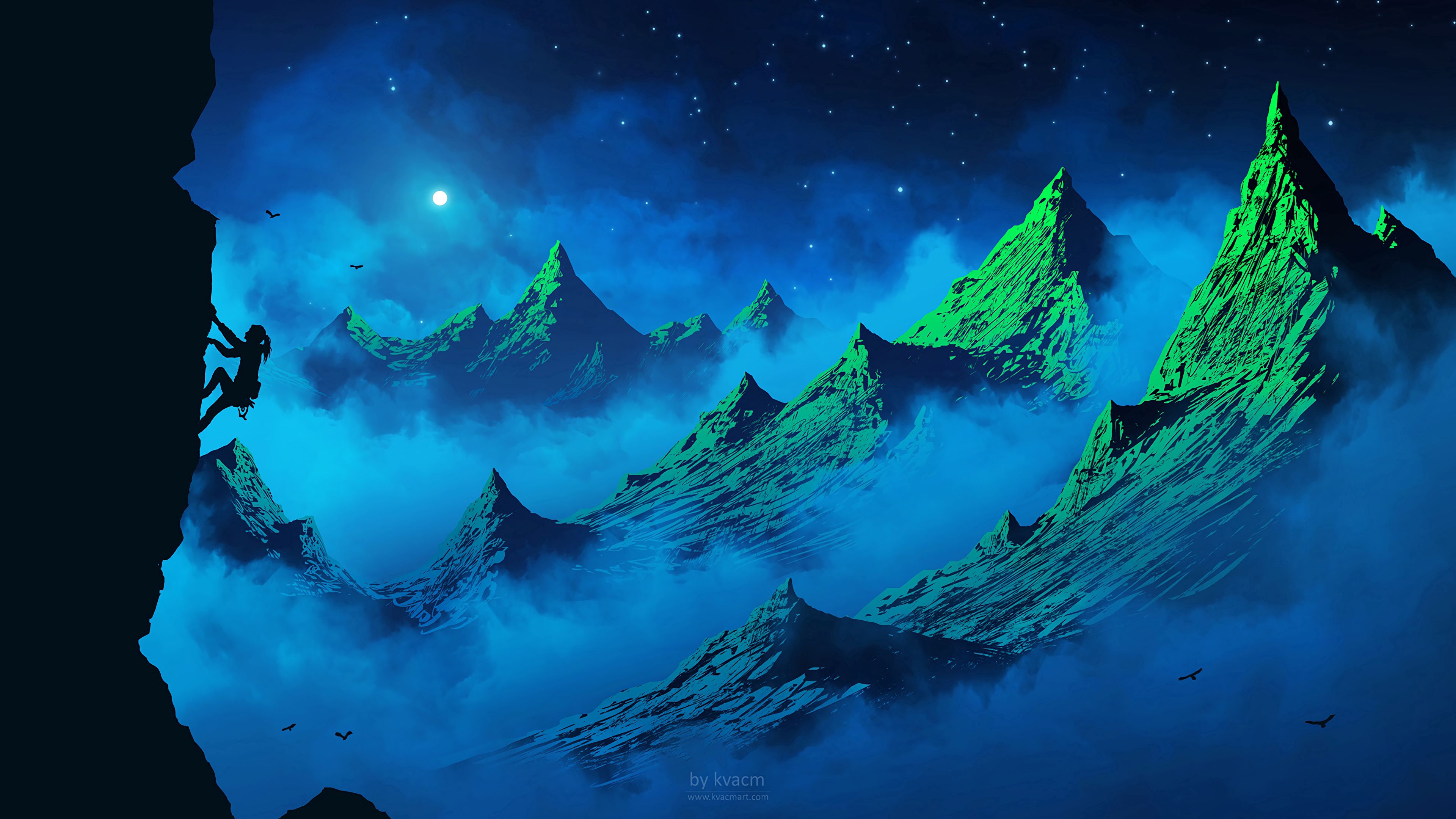 Full HD Wallpaper moon, silhouette, art, birds, mountains, night, fog, girl, rock climber, alpinist