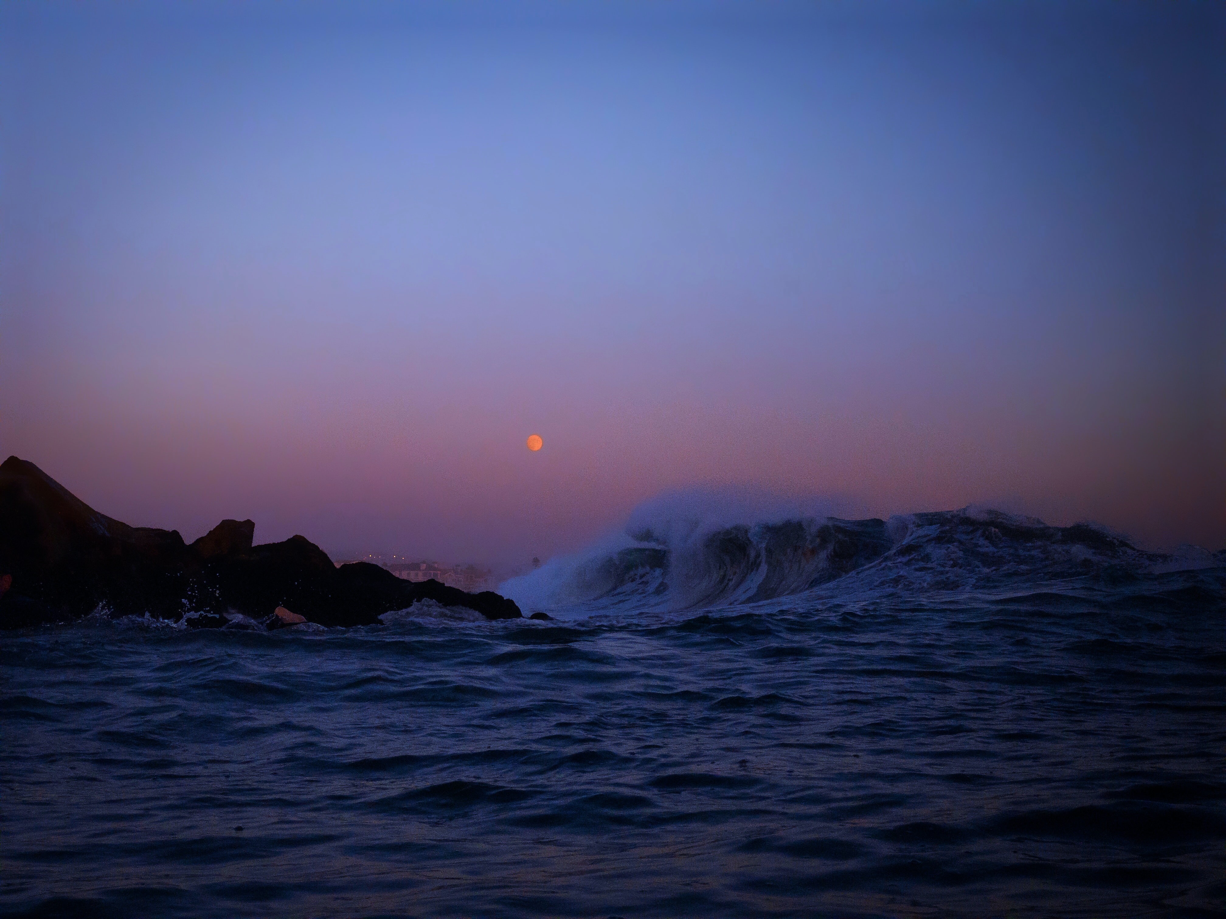 Download mobile wallpaper Waves, Rocks, Sea, Nature, Moon for free.