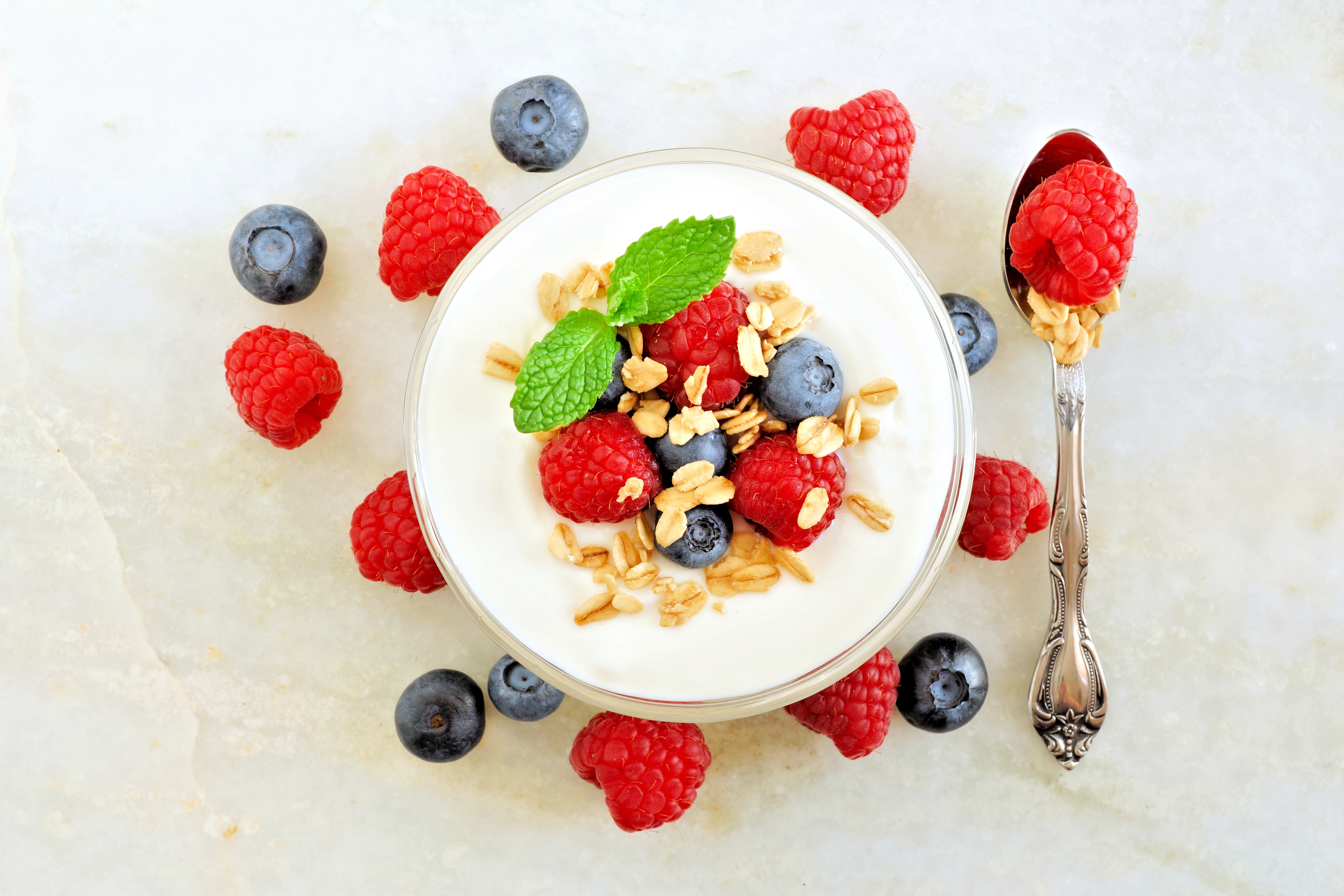 Download mobile wallpaper Food, Blueberry, Raspberry, Berry, Fruit, Muesli, Breakfast, Yogurt for free.