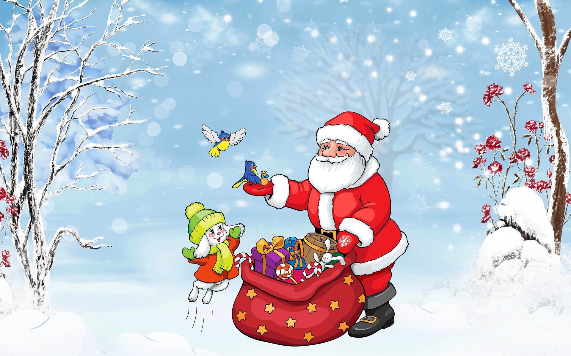 christmas, santa claus, holiday, bird, flower, gift, snow