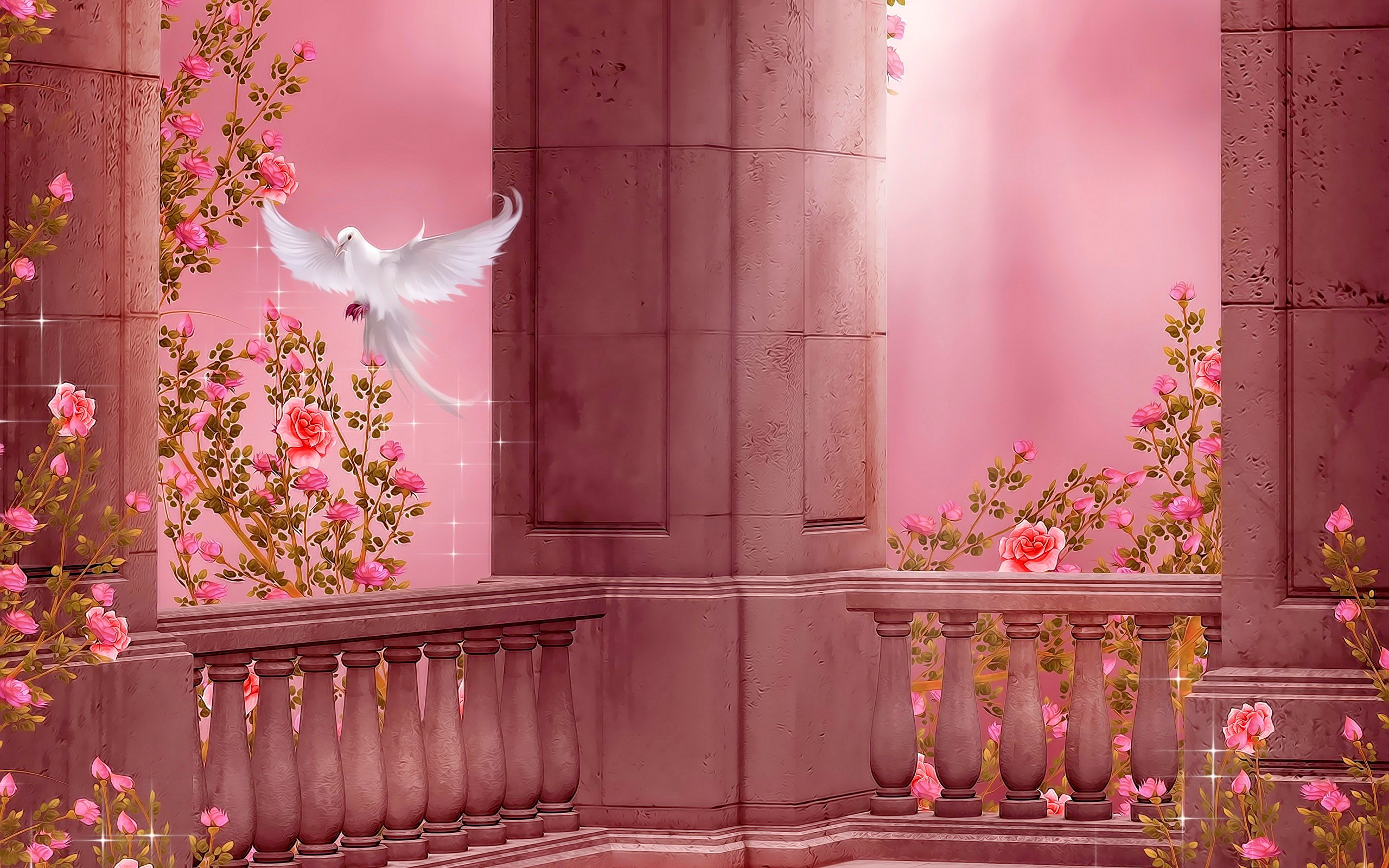 artistic, rose, columns, pigeon, pink Aesthetic wallpaper