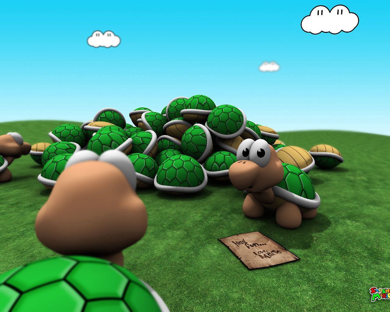 bright, game, 3d, mario, turtles, grass, sky Full HD