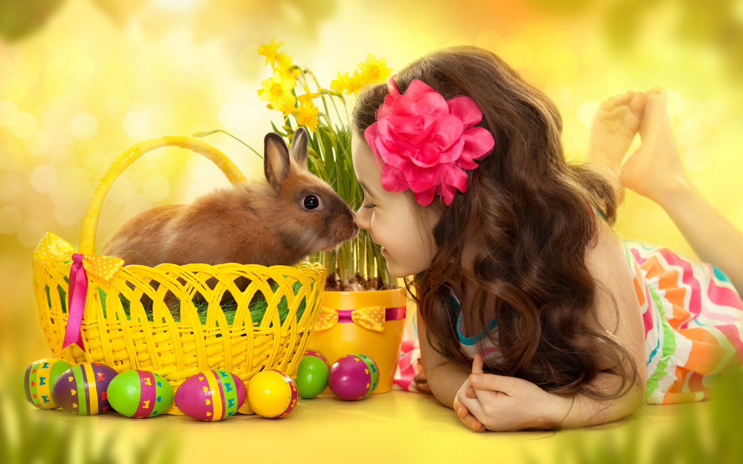 little girl, basket, easter egg, cute, holiday, easter, bunny, flower