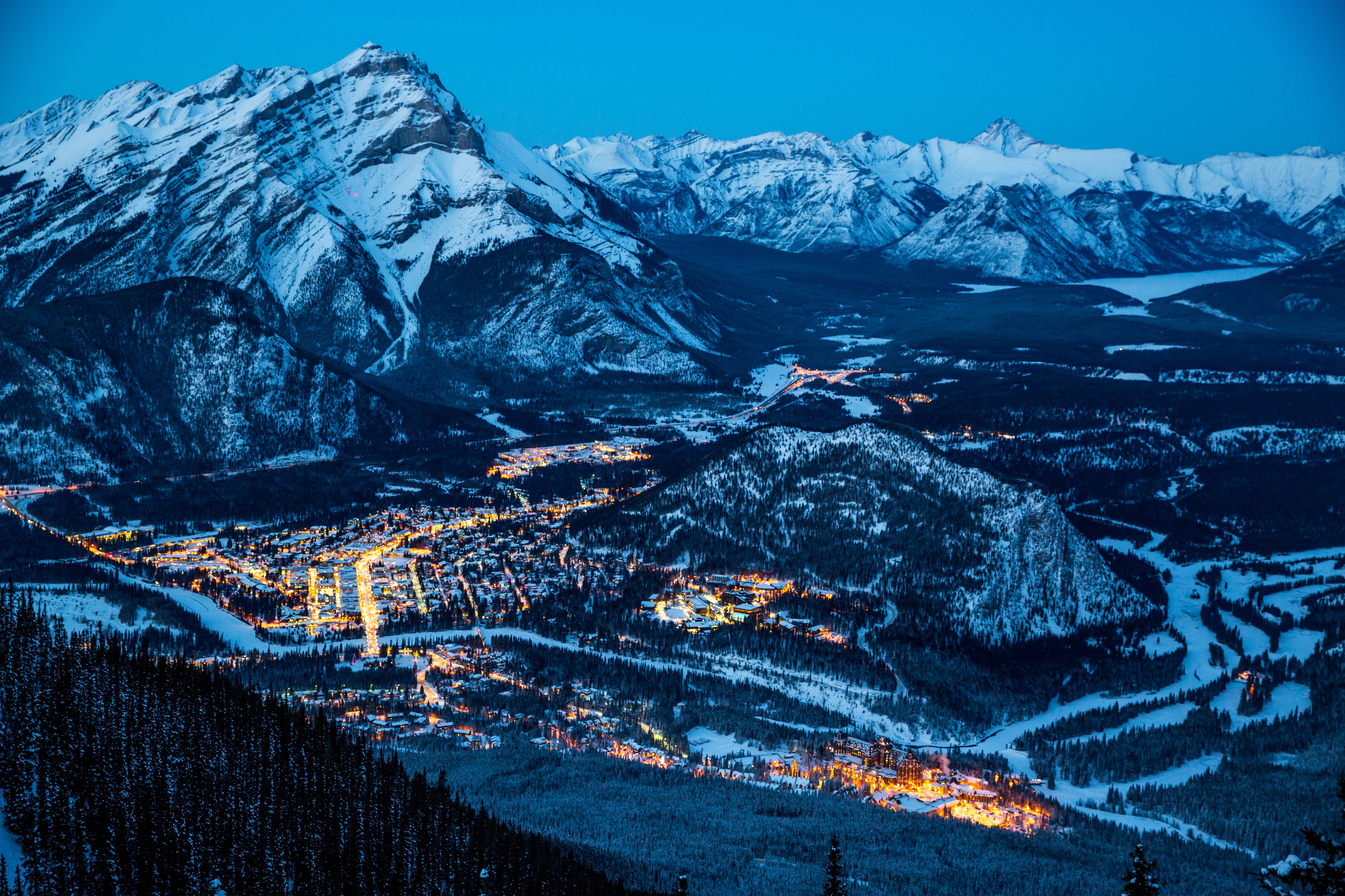 cities, mountains, night, canada, banff