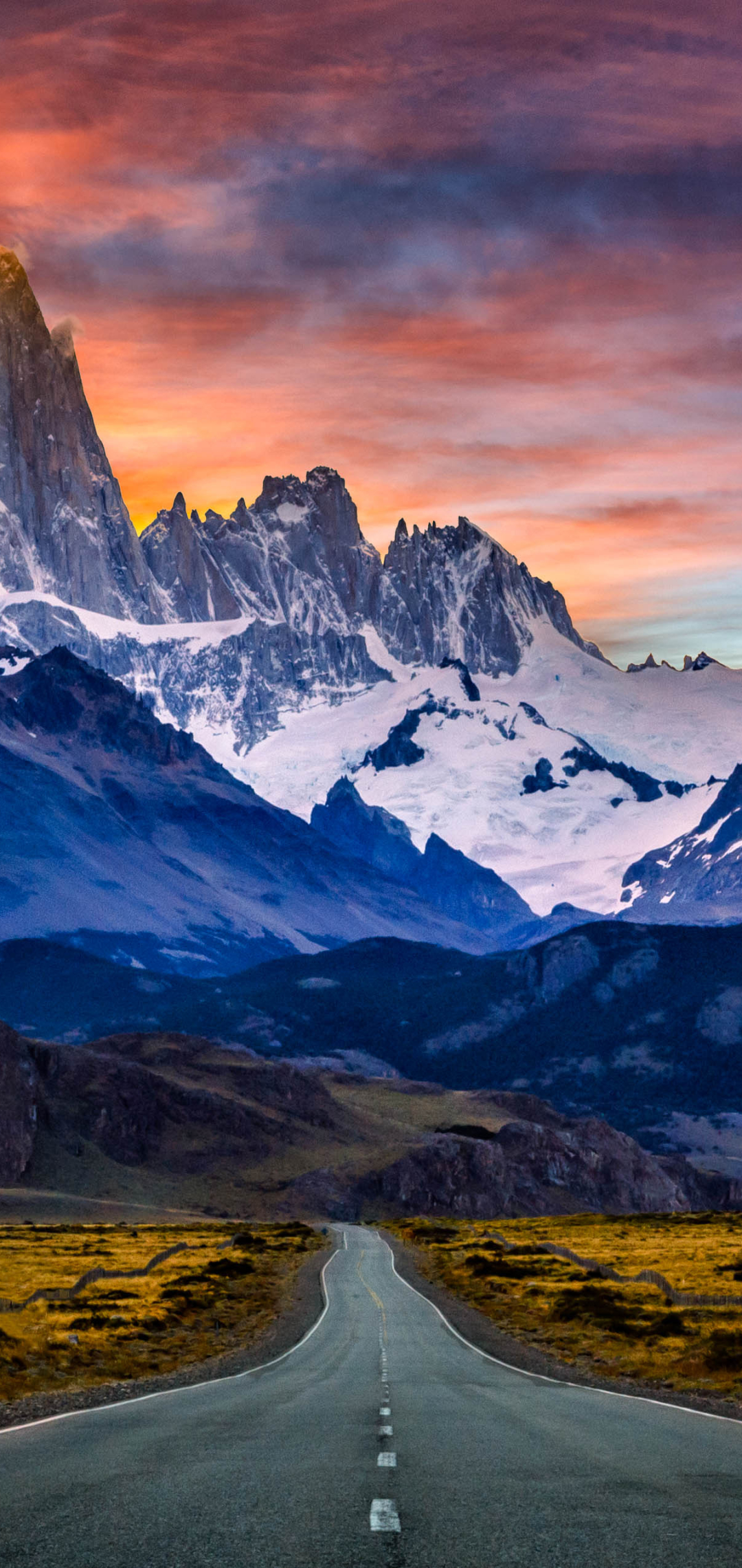 1153552 скачать обои горы, аргентина, земля/природа, маунт фитц рой, дорога, закат, закат солнца, гора фицрой, патагония, гора - заставки и картинки бесплатно