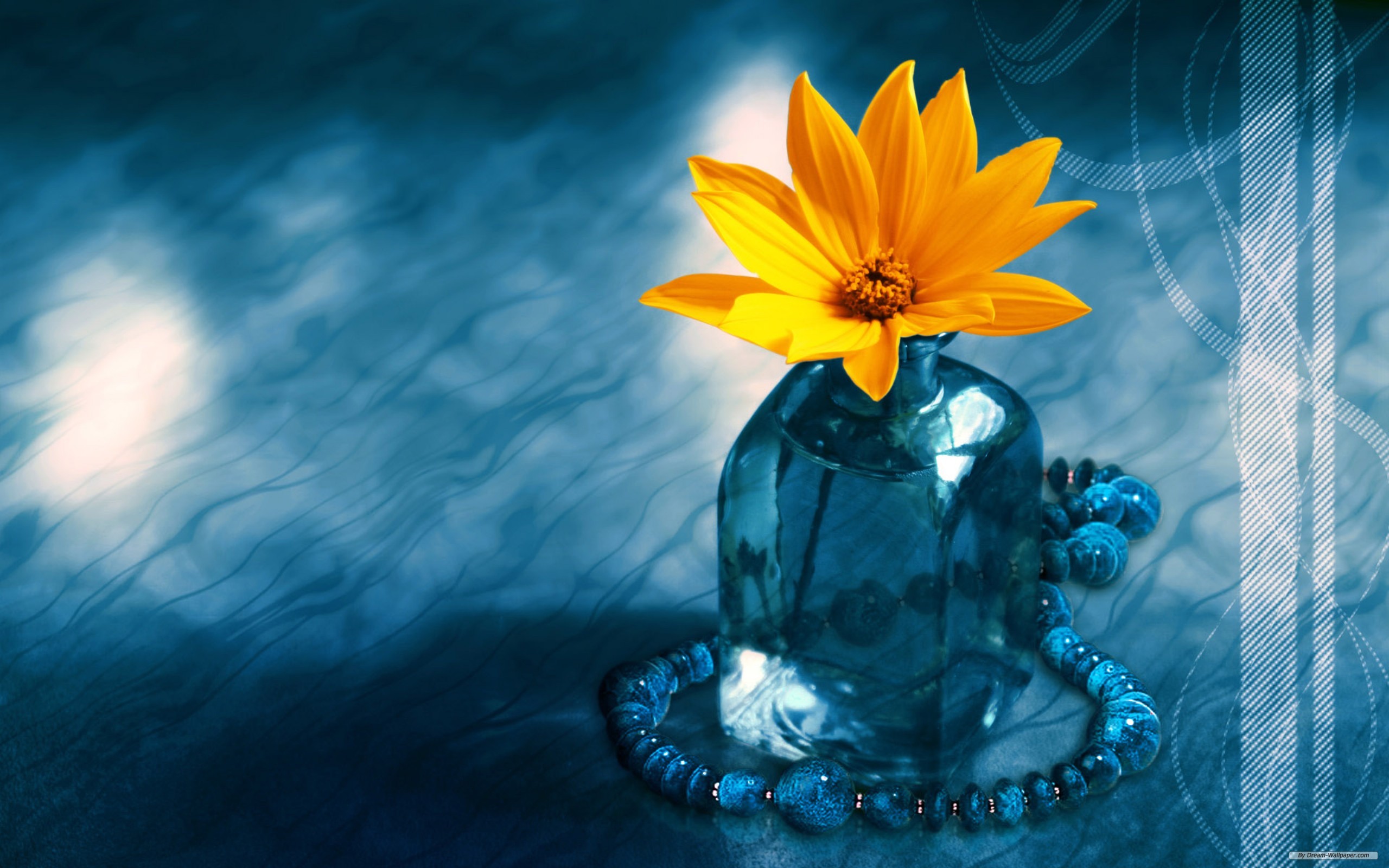 3d art, yellow flower, flower, blue, artistic Phone Background