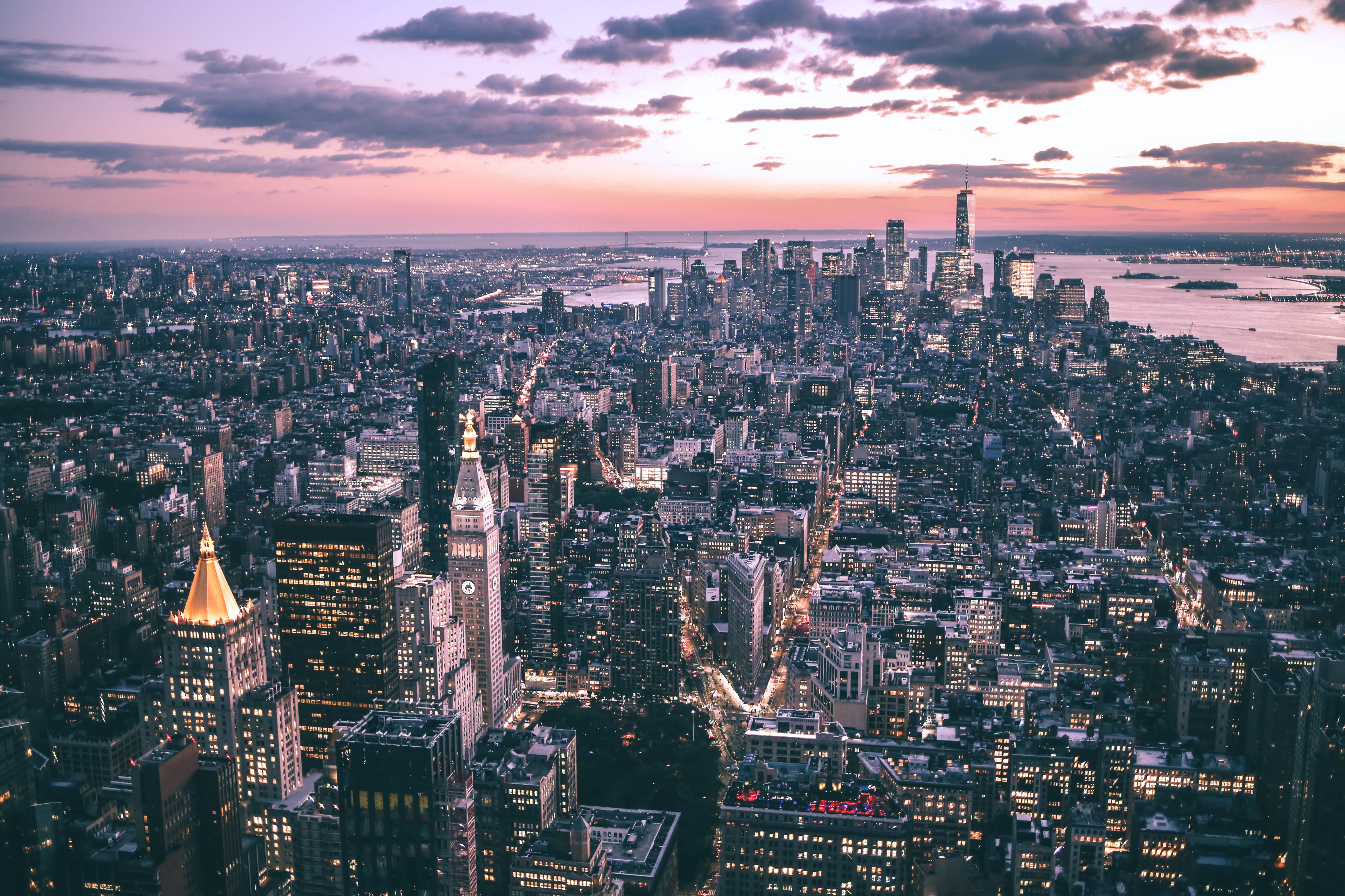 new york, city, cities, twilight, building, view from above, coast, dusk 1080p