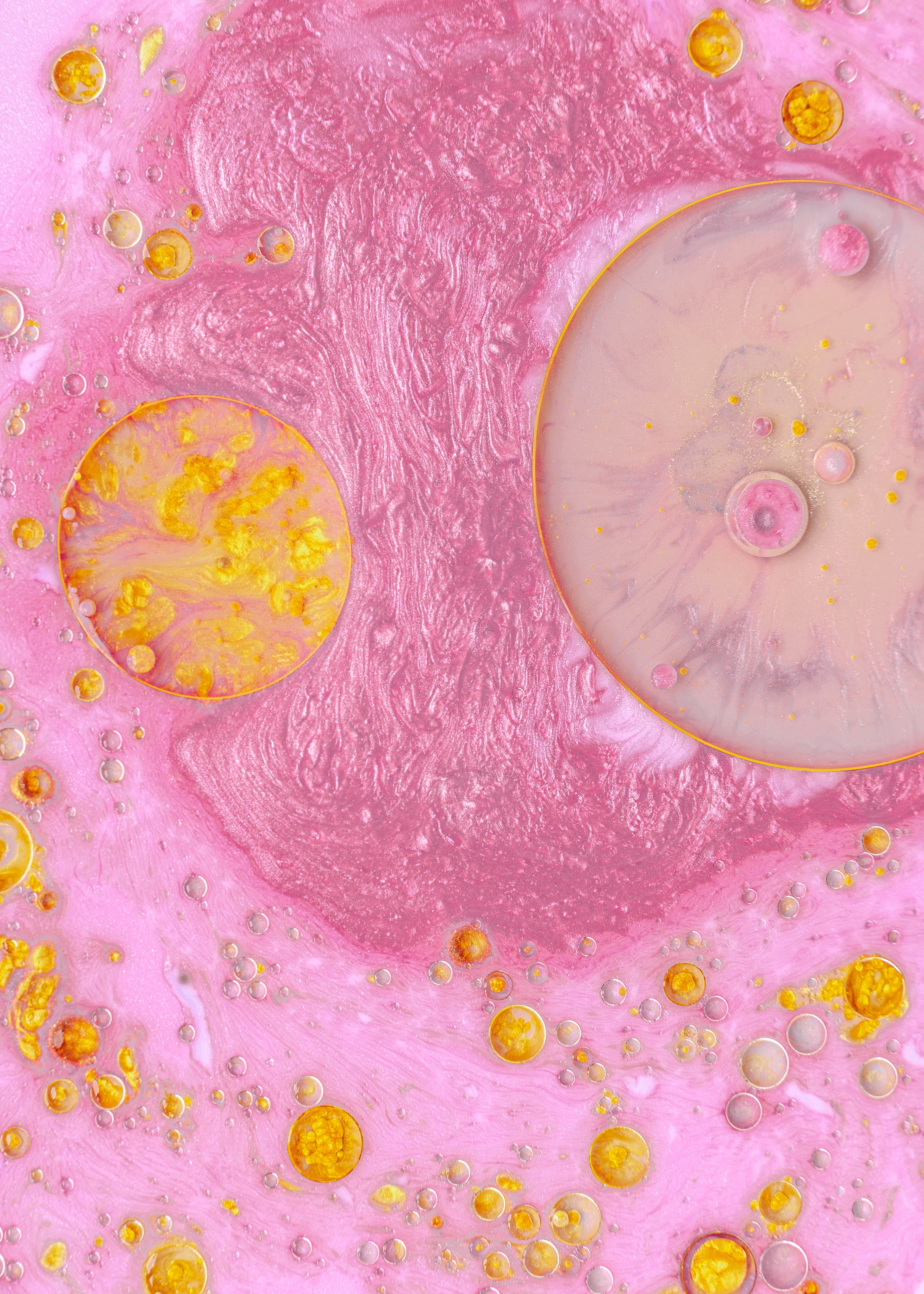 bubbles, pink, abstract, yellow, paint, liquid, tinsel, sequins Full HD