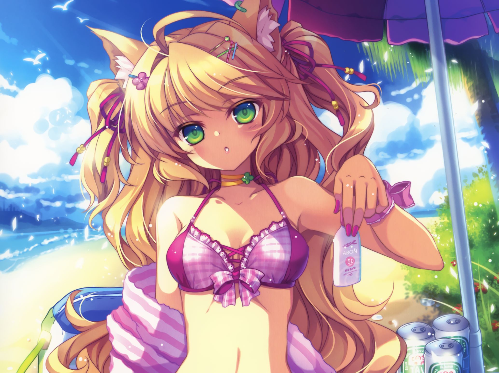 Mobile wallpaper bikini, anime, original, beach, bird, blonde, blush, bow (clothing), cat girl, green eyes, long hair, parasol, towel