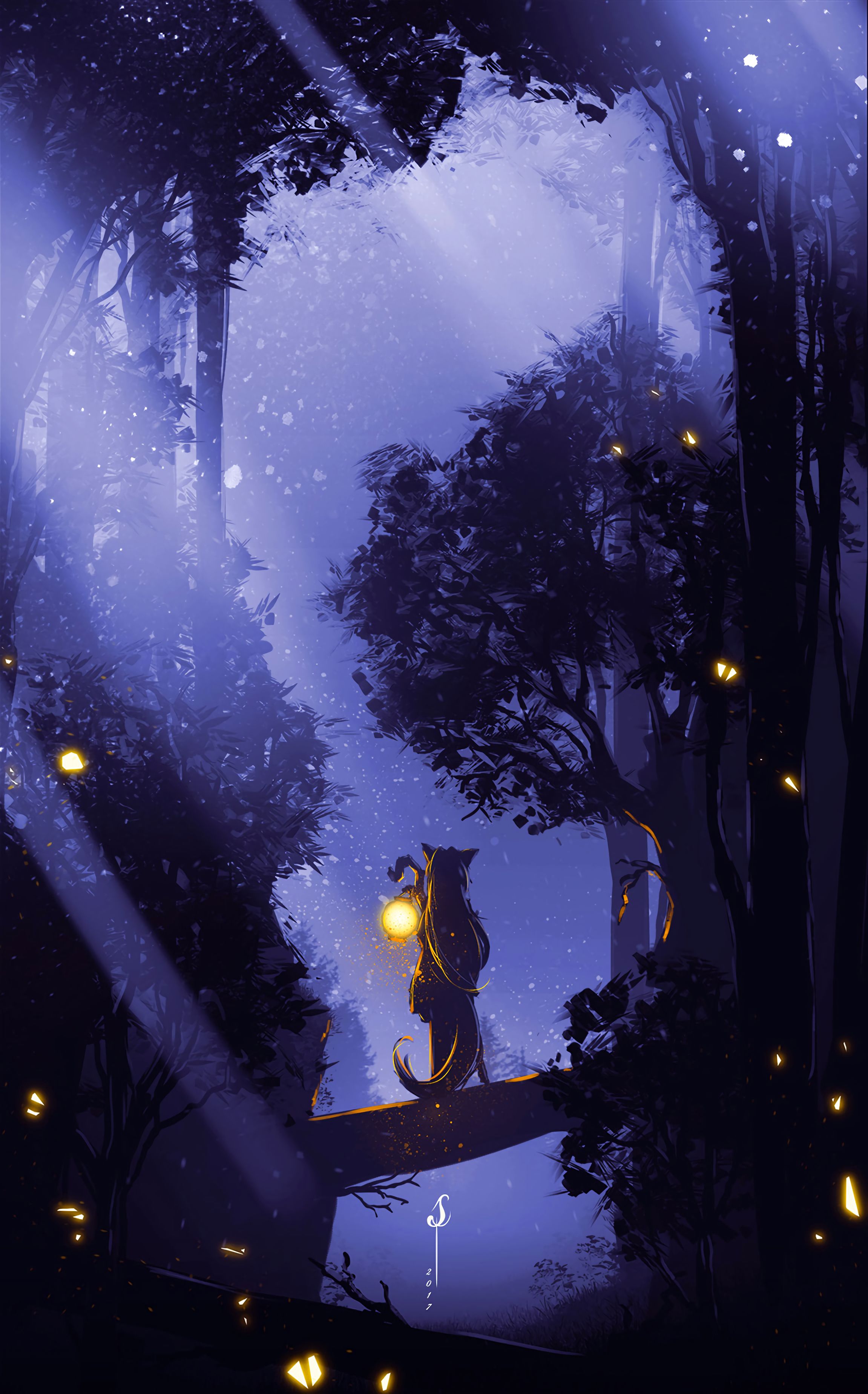 art, lamp, silhouette, loneliness, forest, fog, lantern