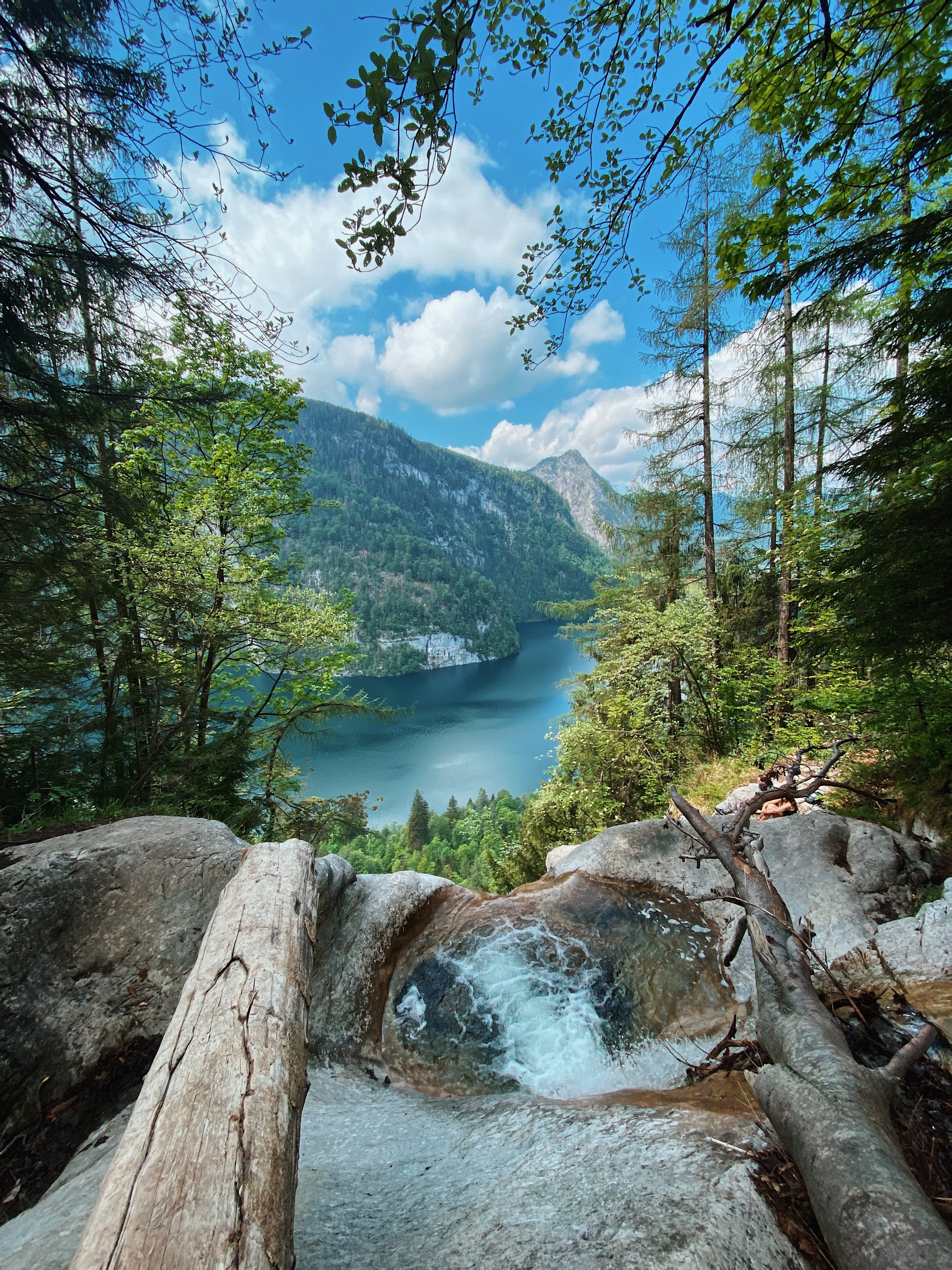 waterfall, trees, nature, rock, lake, break, precipice phone background