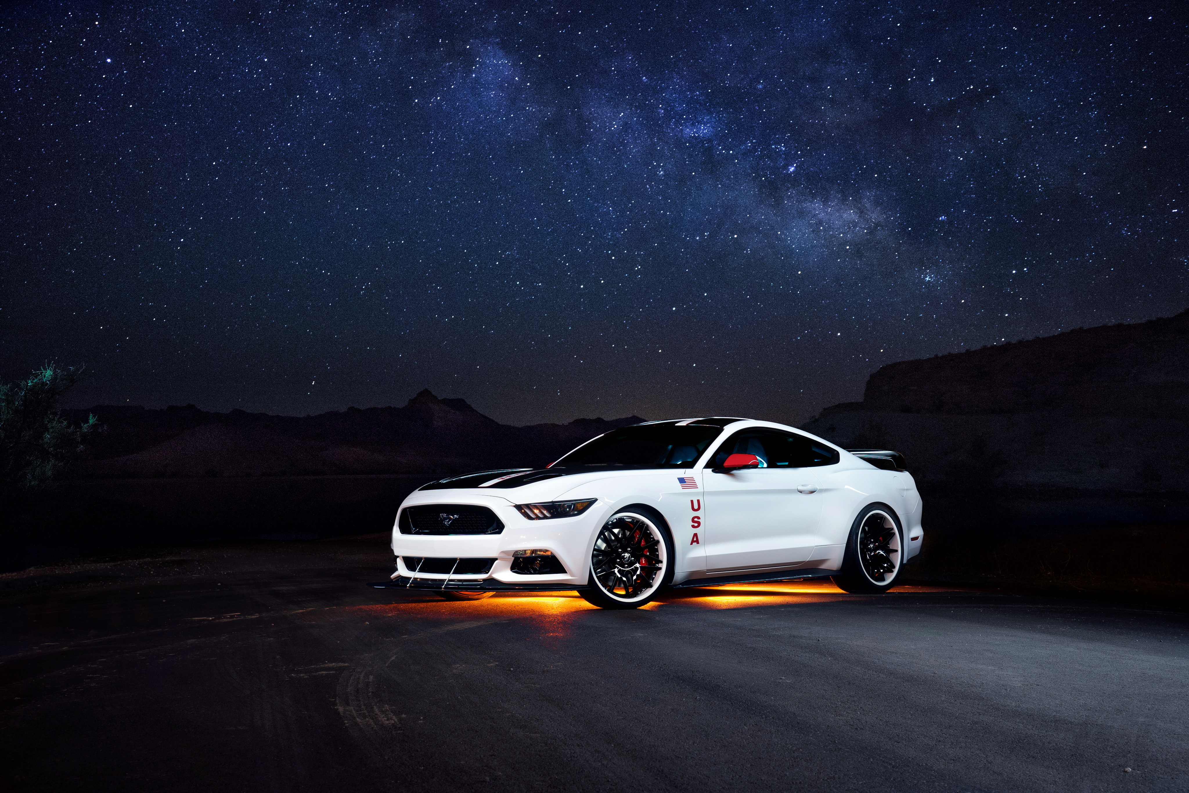 side view, mustang, cars, ford, white, night 4K Ultra