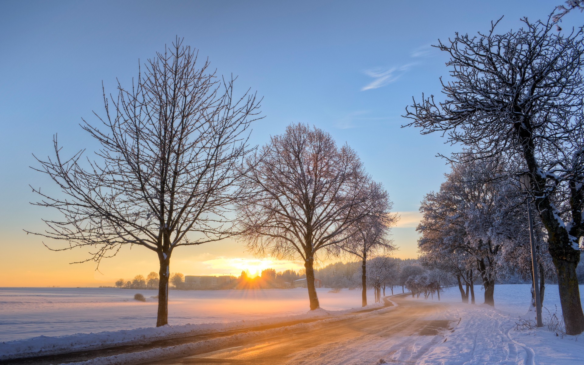 Free download wallpaper Landscape, Winter, Trees, Sunset, Roads, Snow on your PC desktop