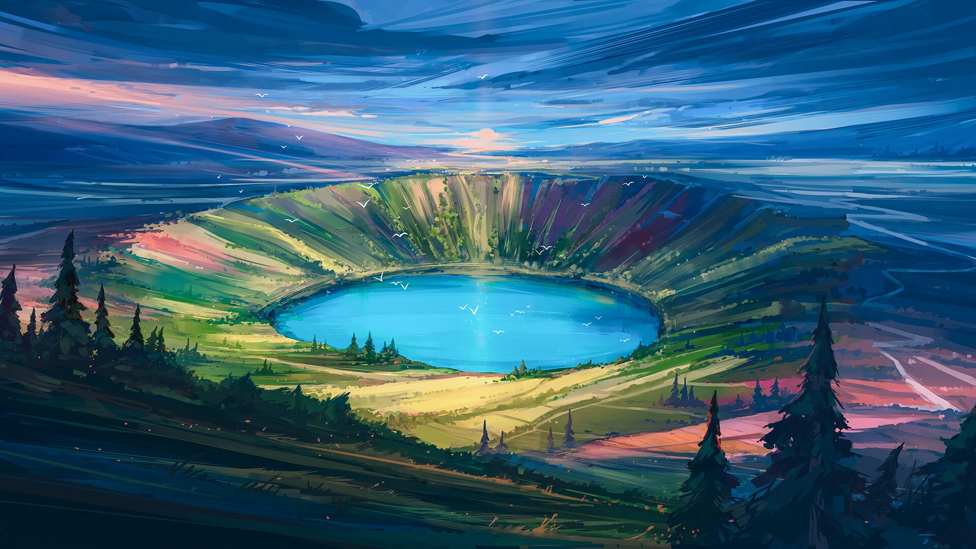 lake, artistic, landscape, crater 8K