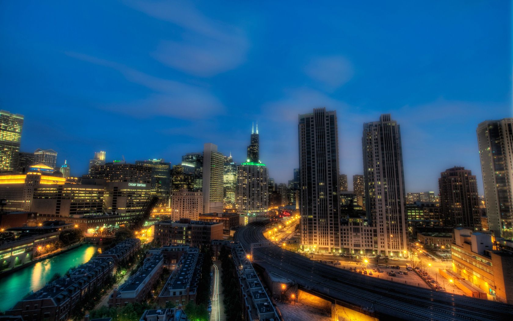 1920 x 1080 picture cities, night, city lights, skyscrapers, hdr, chicago, illinois
