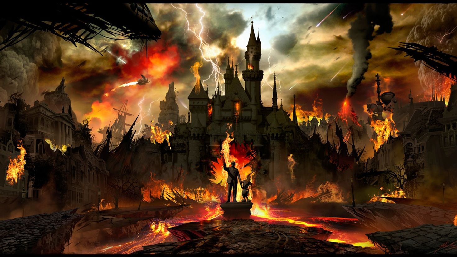Королевство руина. Замок в огне. Горящий город. Крепость в огне. Горящий замок.