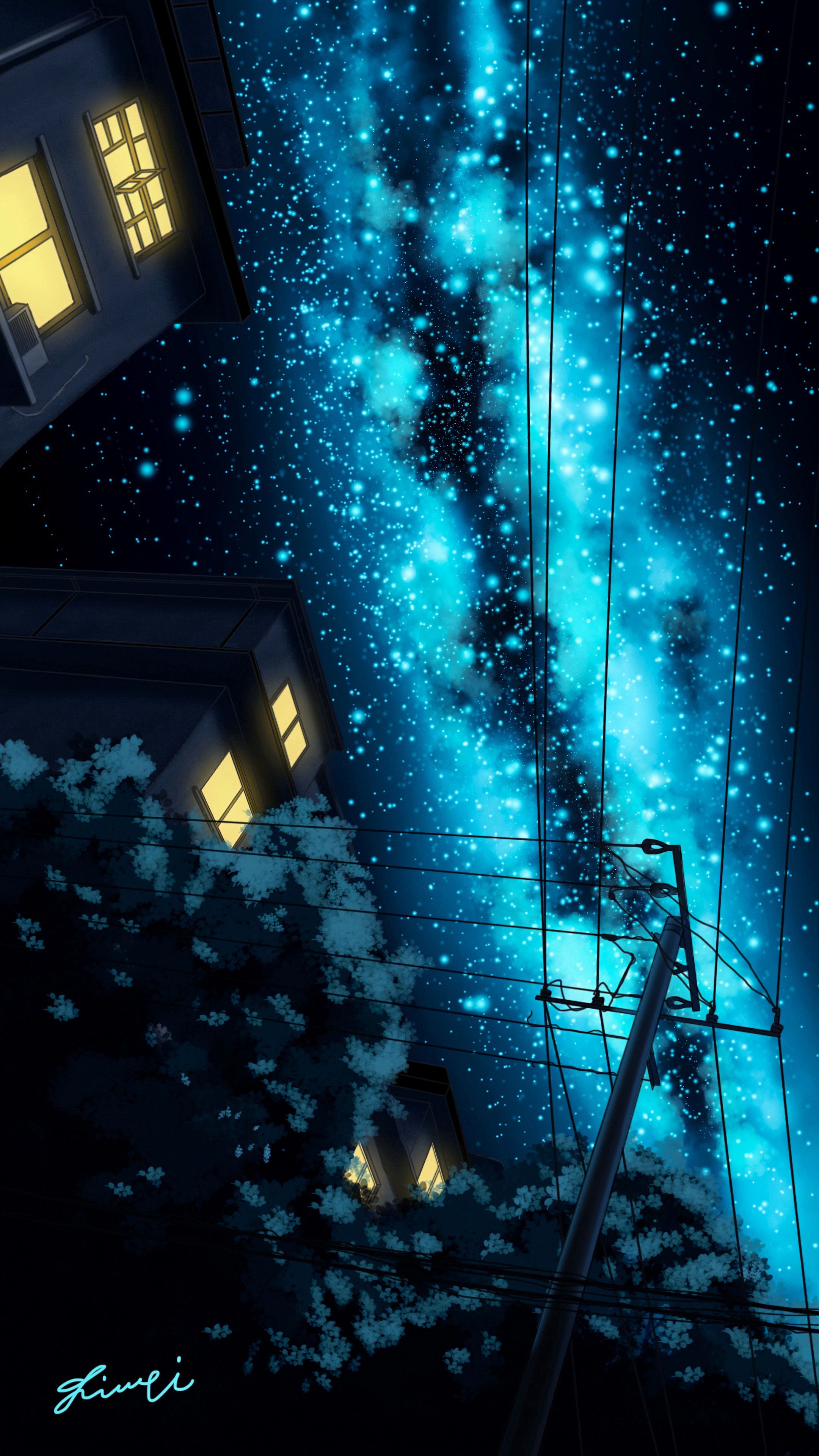 art, starry sky, night, building, pillar, post, wires, wire 32K