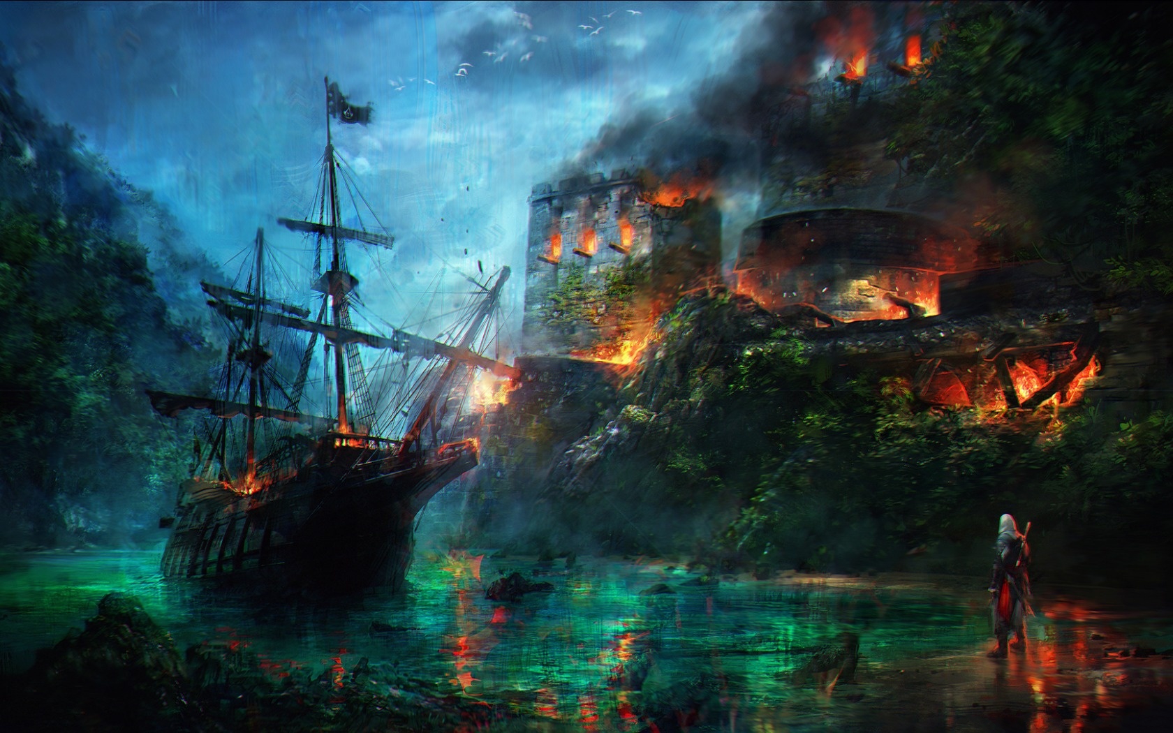 assassin's creed iv: black flag, fire, assassin's creed, video game, ship Aesthetic wallpaper