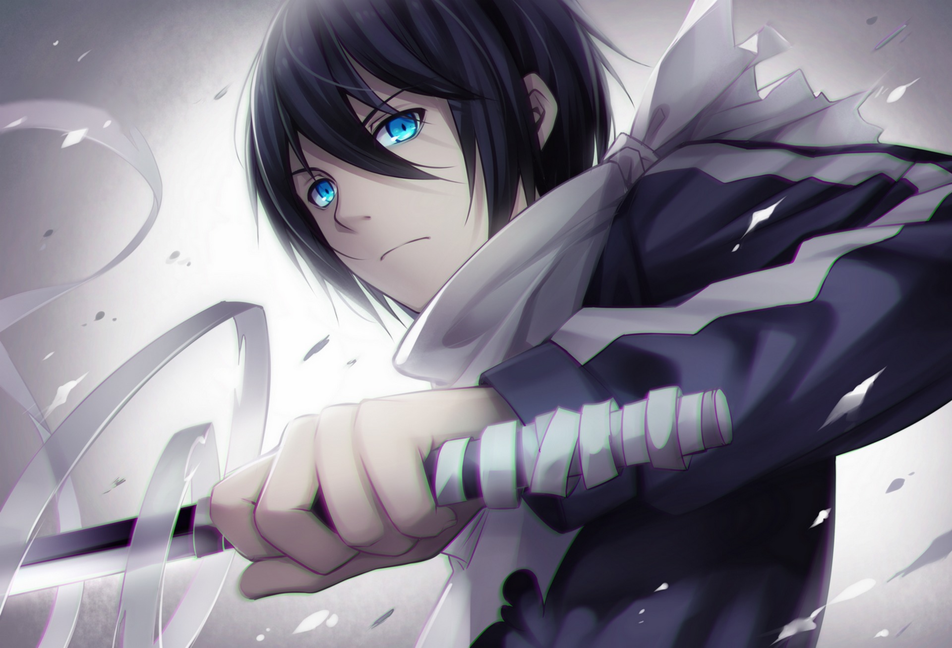 black hair, katana, blue eyes, anime, noragami, scarf, sword, weapon, yato (noragami) 5K