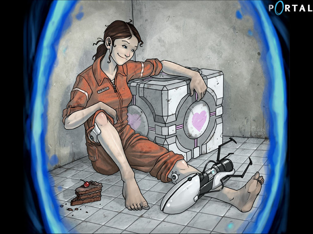 feet, companion cube (portal), video game, chell (portal), portal (video game), portal Panoramic Wallpaper
