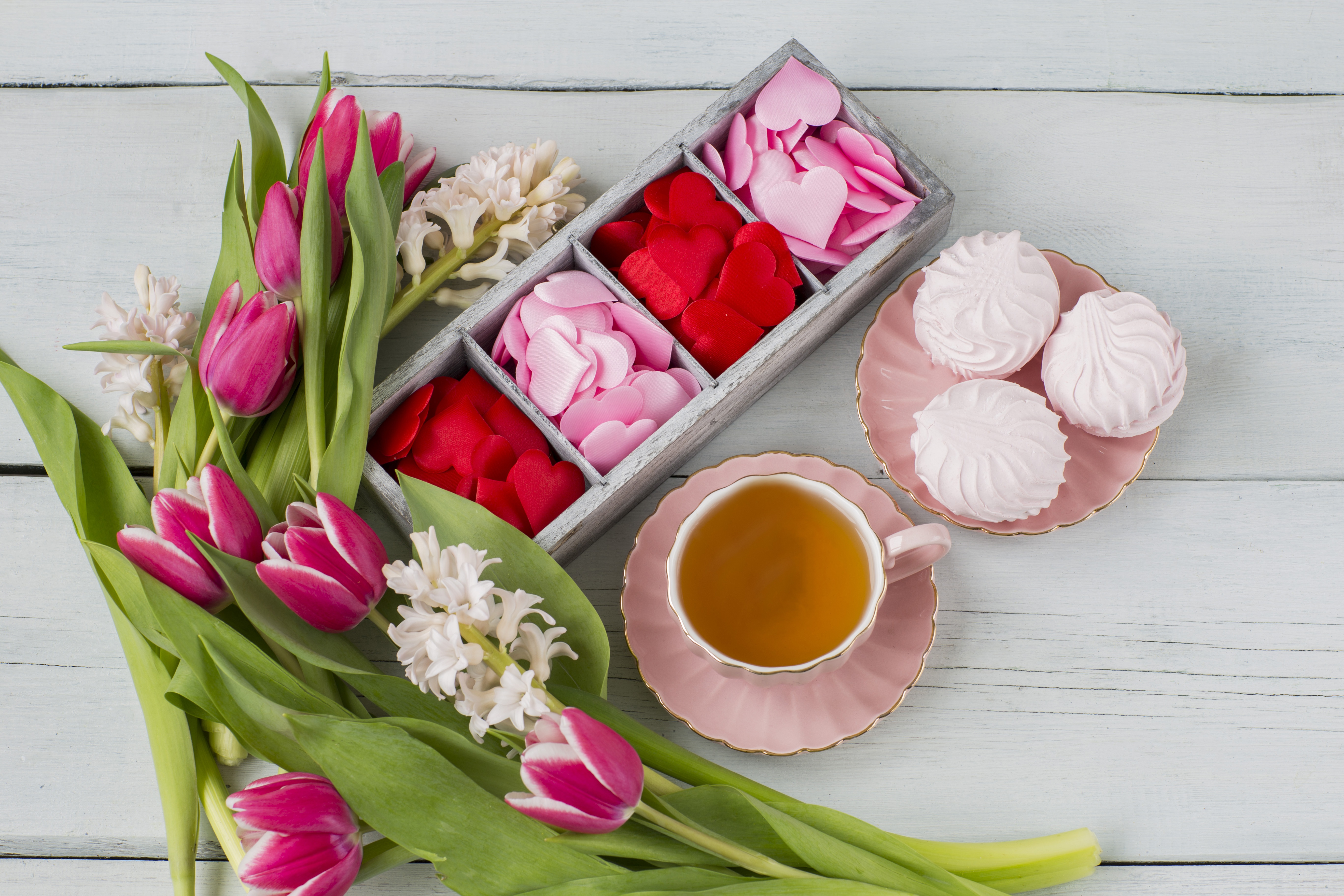 food, tea, cup, meringue, pink flower, still life, tulip HD wallpaper