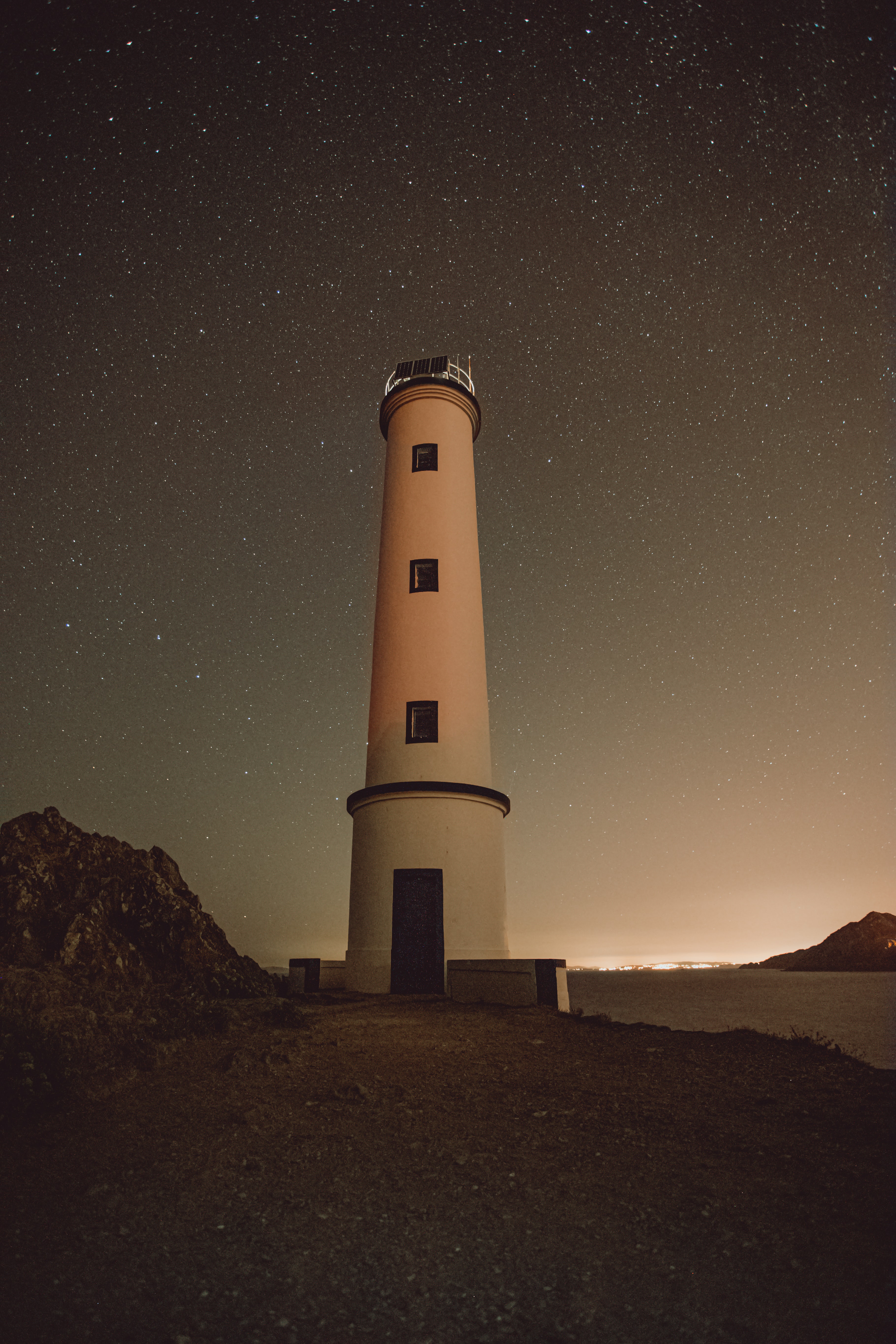 stars, nature, night, building, rocks, starry sky, lighthouse High Definition image