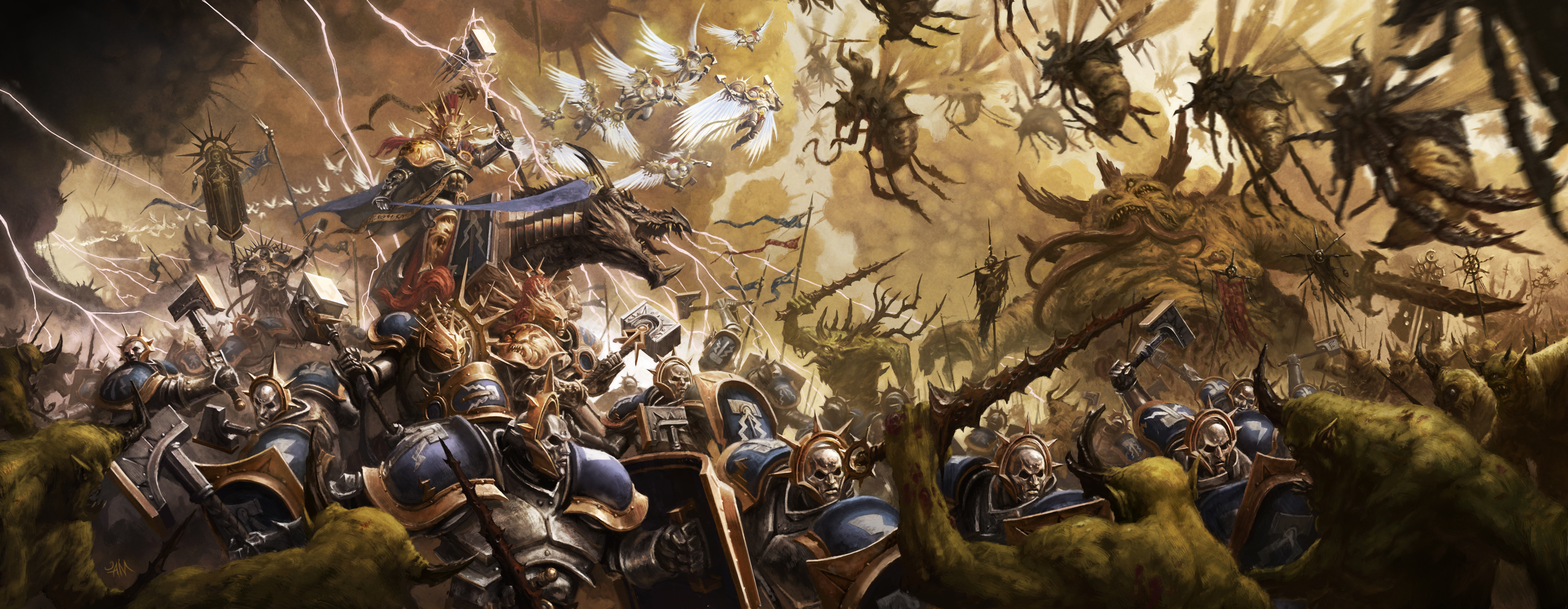 video game, warhammer age of sigmar, armor, battle, creature, hammer, lightning, warrior phone background