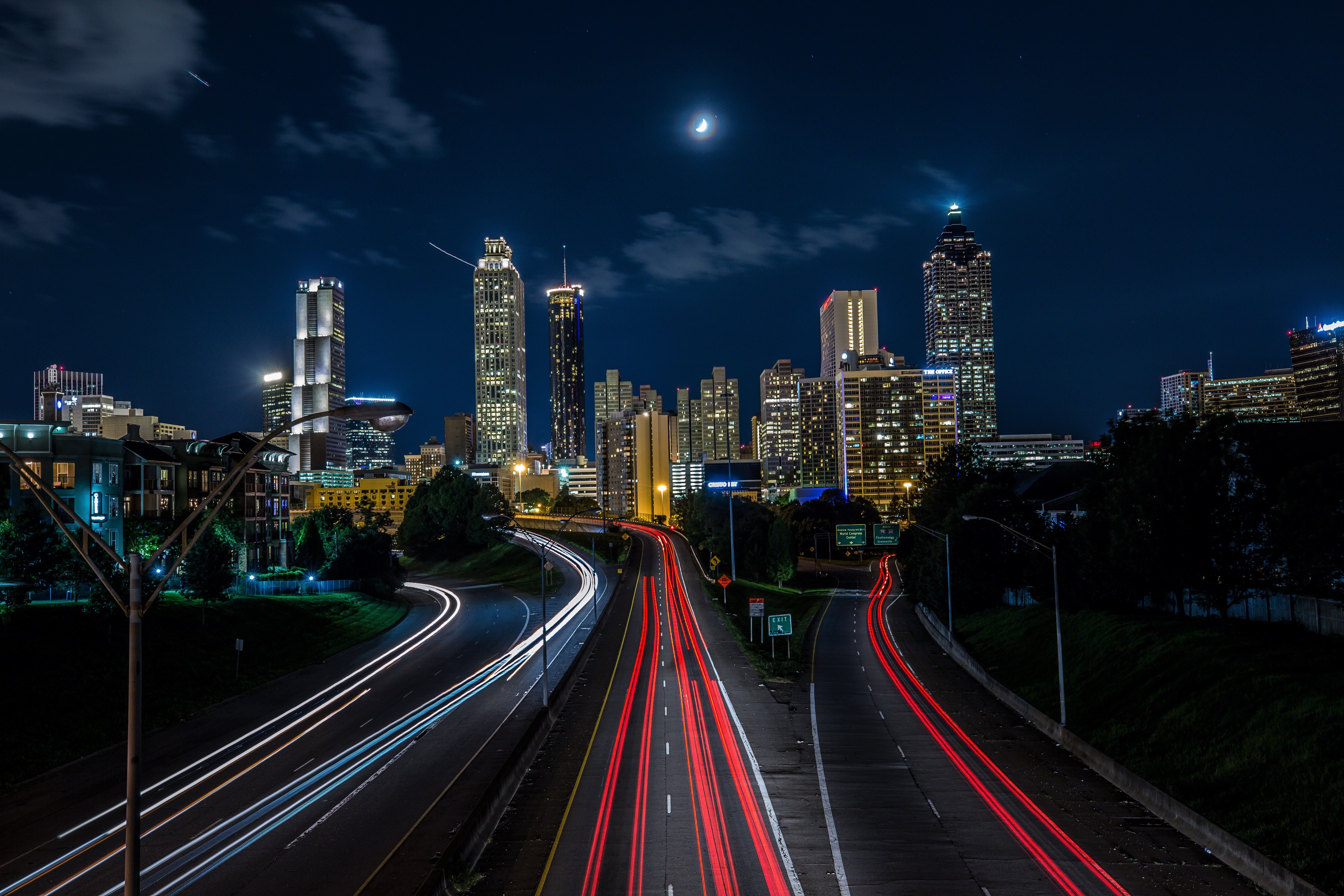 Download mobile wallpaper Cities, Night, City, Skyscraper, Building, Light, Road, Highway, Atlanta, Freeway, Man Made, Time Lapse for free.