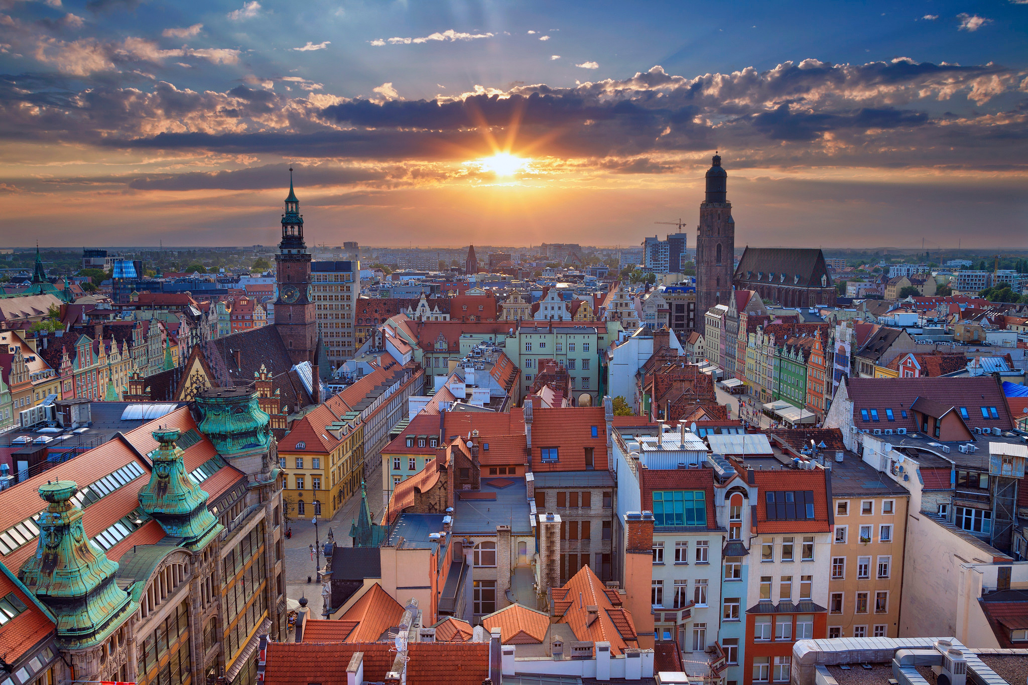 wroclaw, man made, city, cityscape, horizon, panorama, poland, sunset, towns