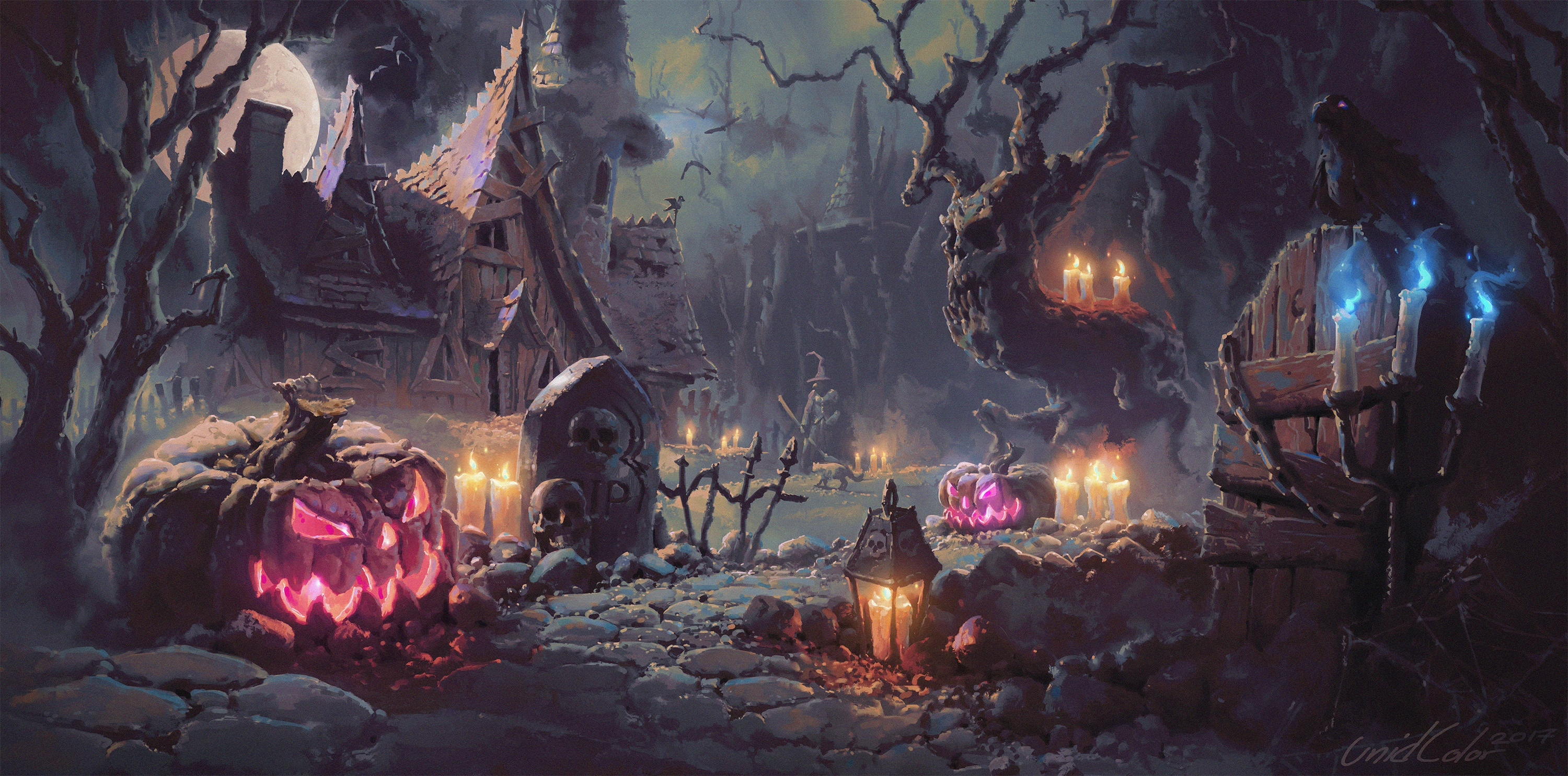 grave, jack o' lantern, halloween, holiday, bird, house, lantern, moon, night, pumpkin, raven Phone Background