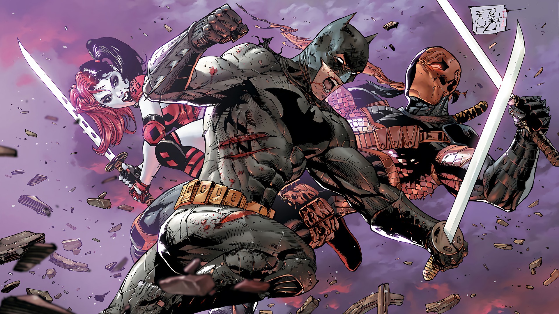 comics, batman, deathstroke, harley quinn