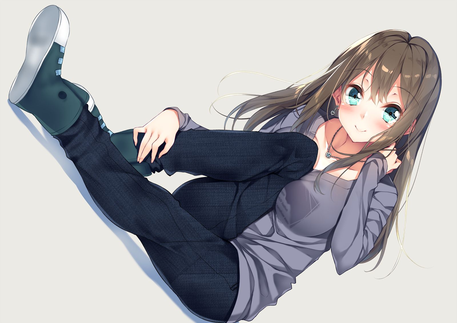 anime, the idolm@ster cinderella girls, blush, brown hair, idolm@ster cinderella girls, jeans, long hair, necklace, rin shibuya, smile, sneakers, the idolm@ster 2160p