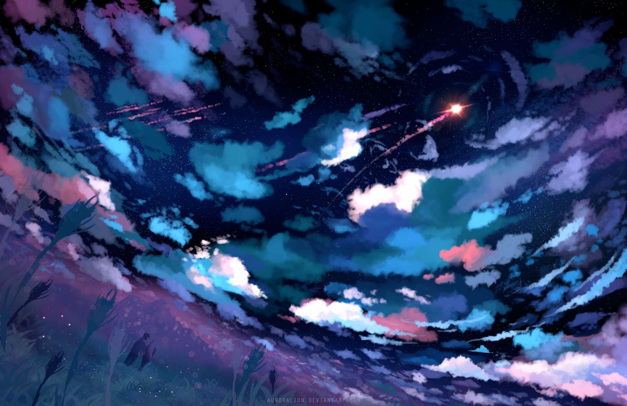 couple, anime, original, cloud, night, rocket, sky, stars HD wallpaper