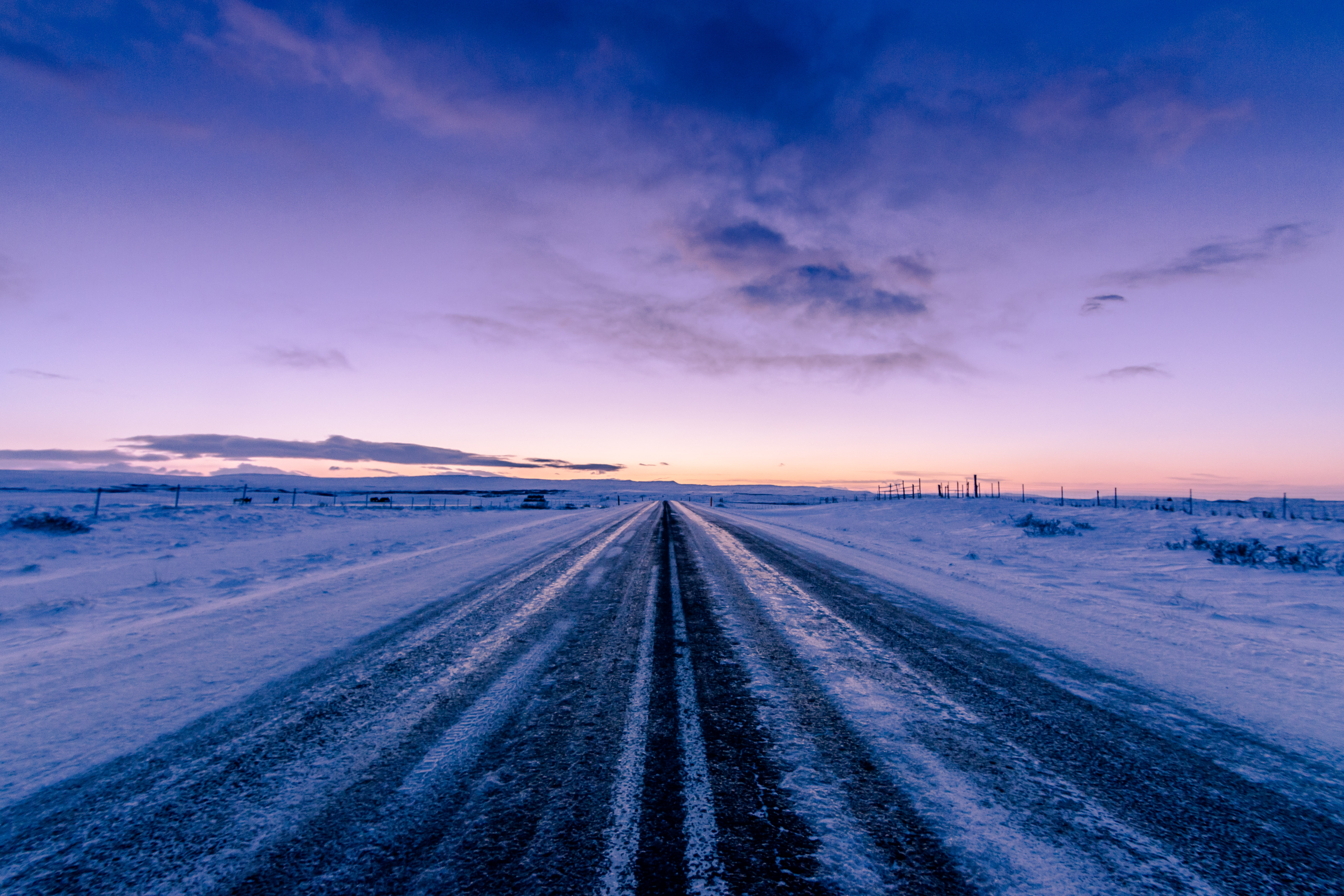 Download mobile wallpaper Direction, Winter, Dusk, Road, Snow, Horizon, Nature, Twilight for free.