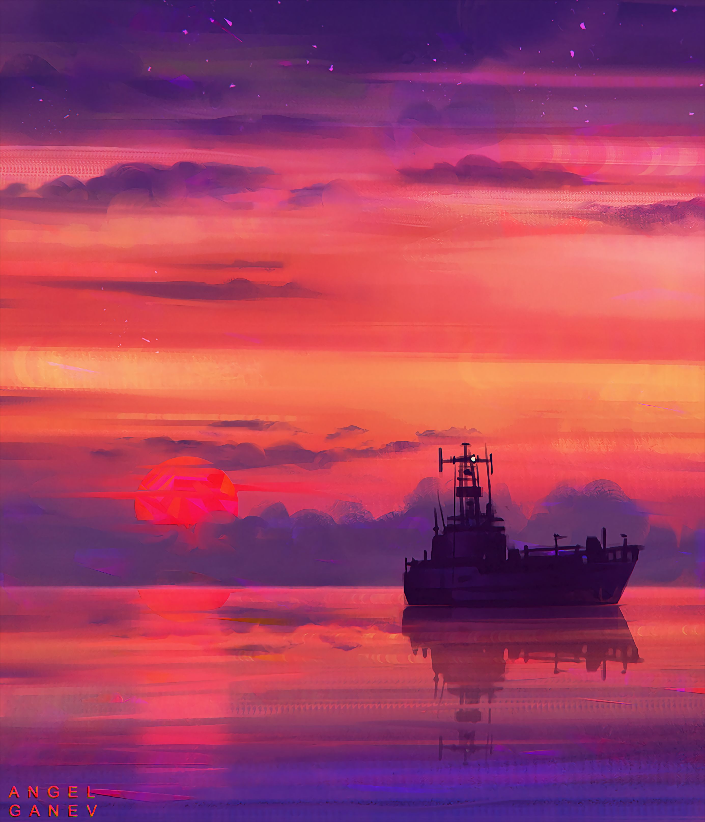 Laden Sie das Sunset, Horizont, Sky, Clouds, Schiff, Kunst, Sea-Bild kostenlos auf Ihren PC-Desktop herunter