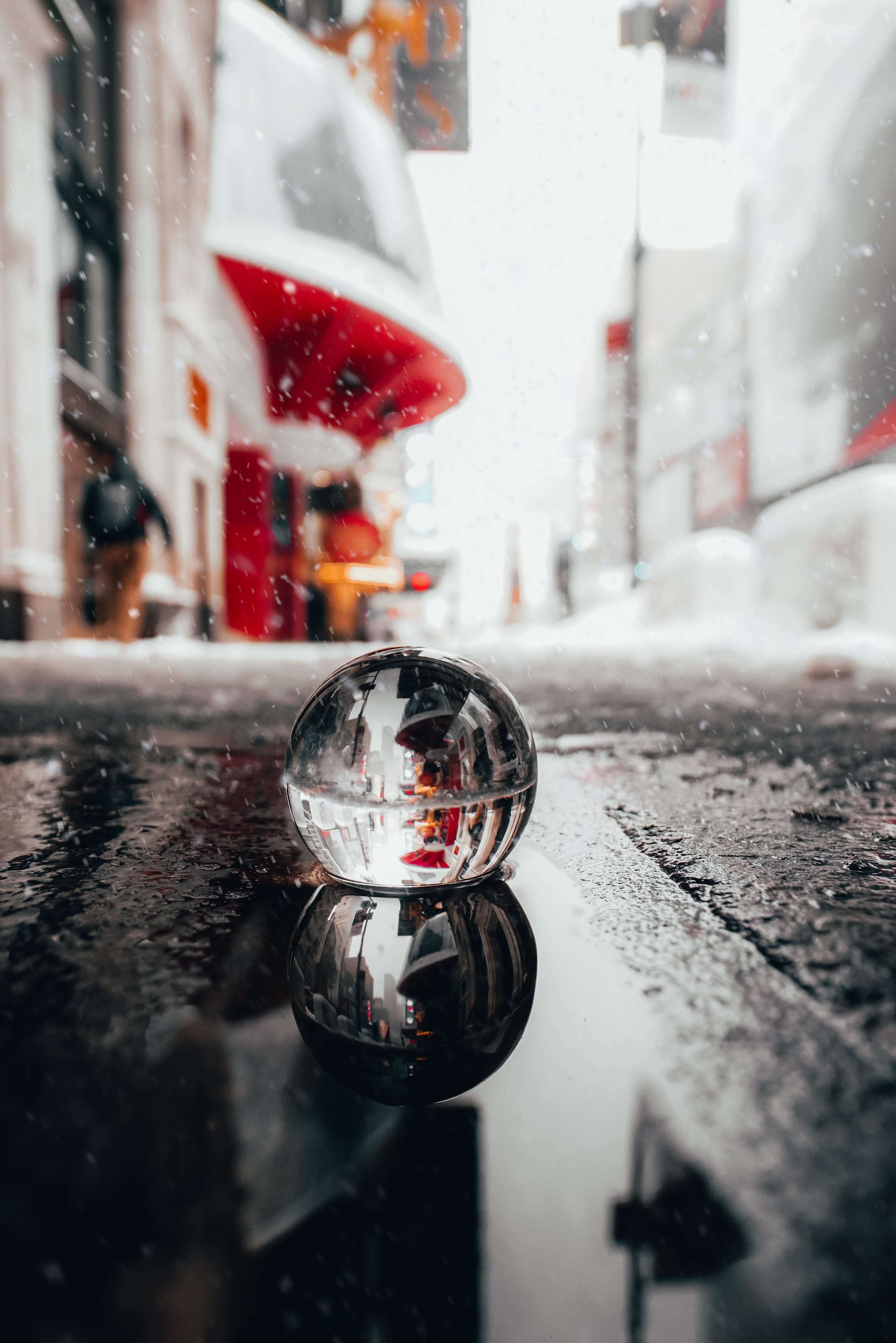Download mobile wallpaper Reflection, Puddle, Snow, Miscellaneous, Ball, Miscellanea, Crystal Ball for free.