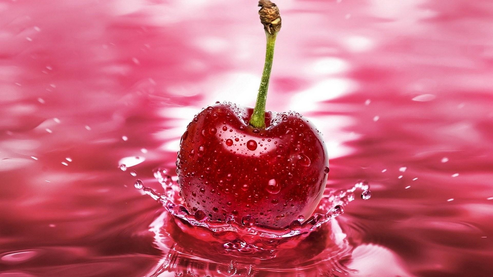 fruits, drops, water, food, cherry, red