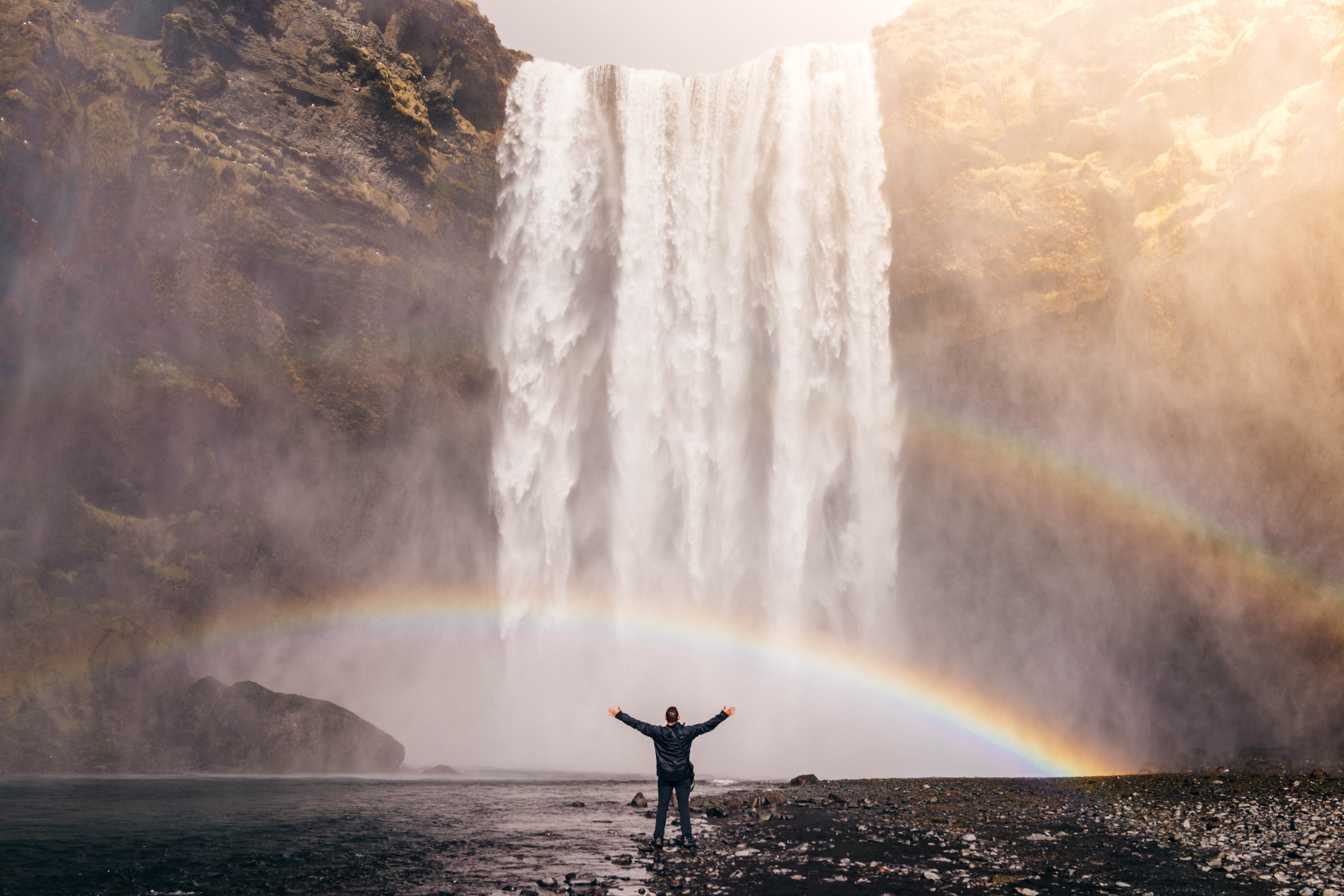 rainbow, freedom, nature, waterfall, person, human