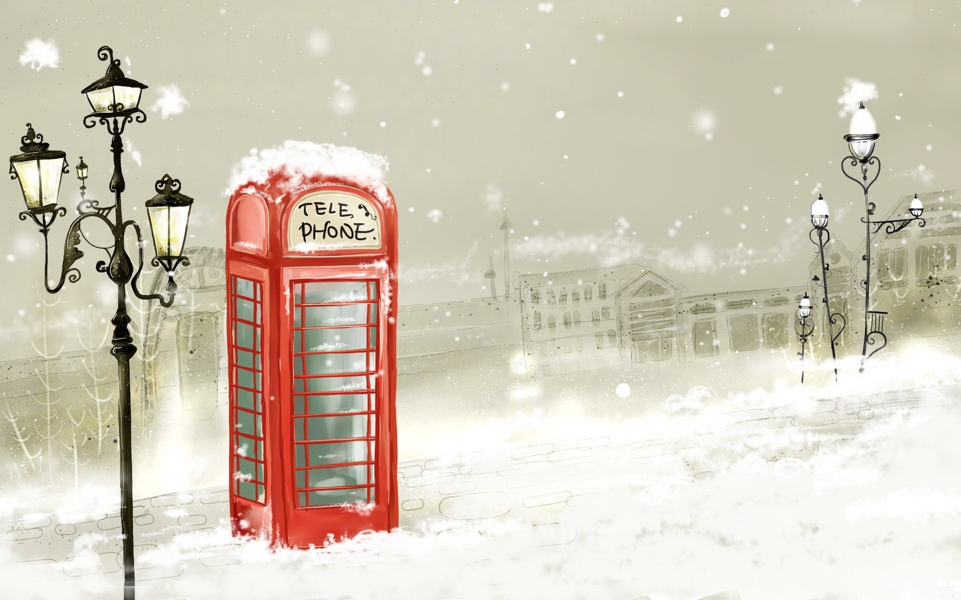 Скачать картинку Города, Снег, Пейзаж, Рисунки в телефон бесплатно.