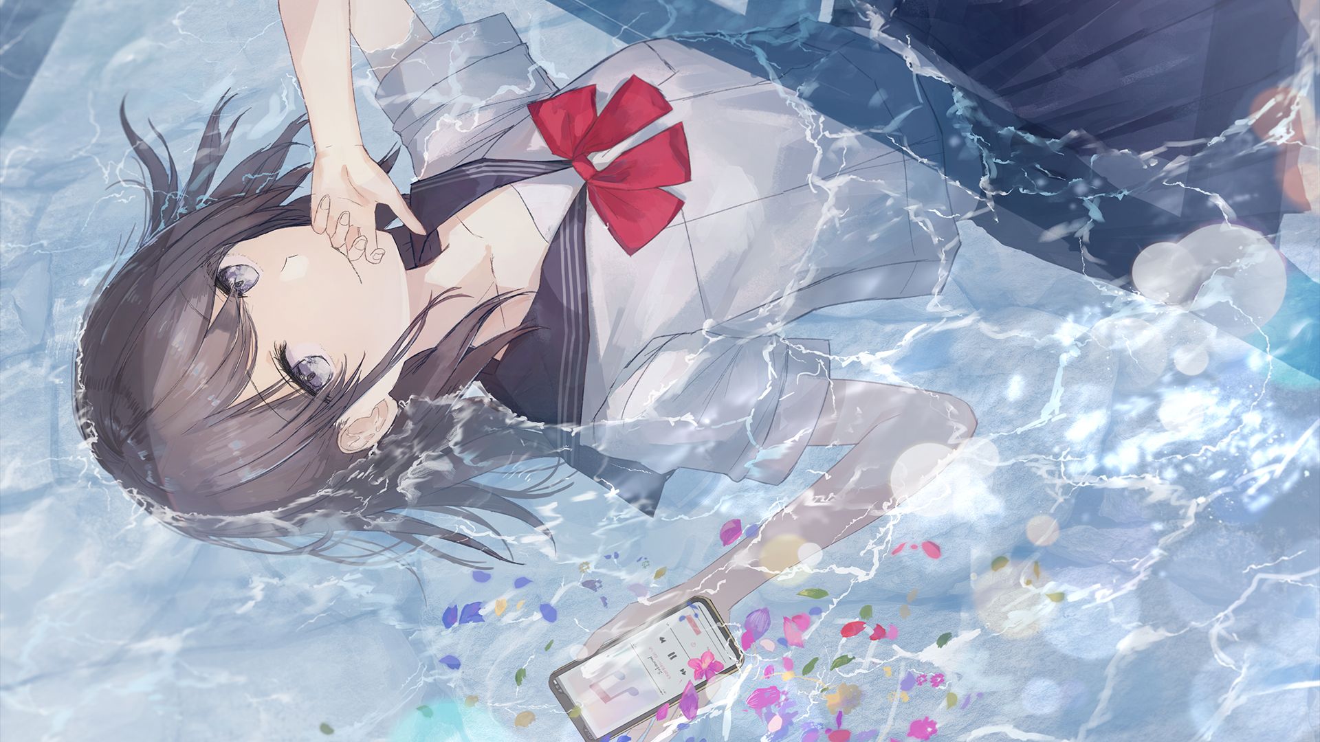 Аниме девушка лежит в воде