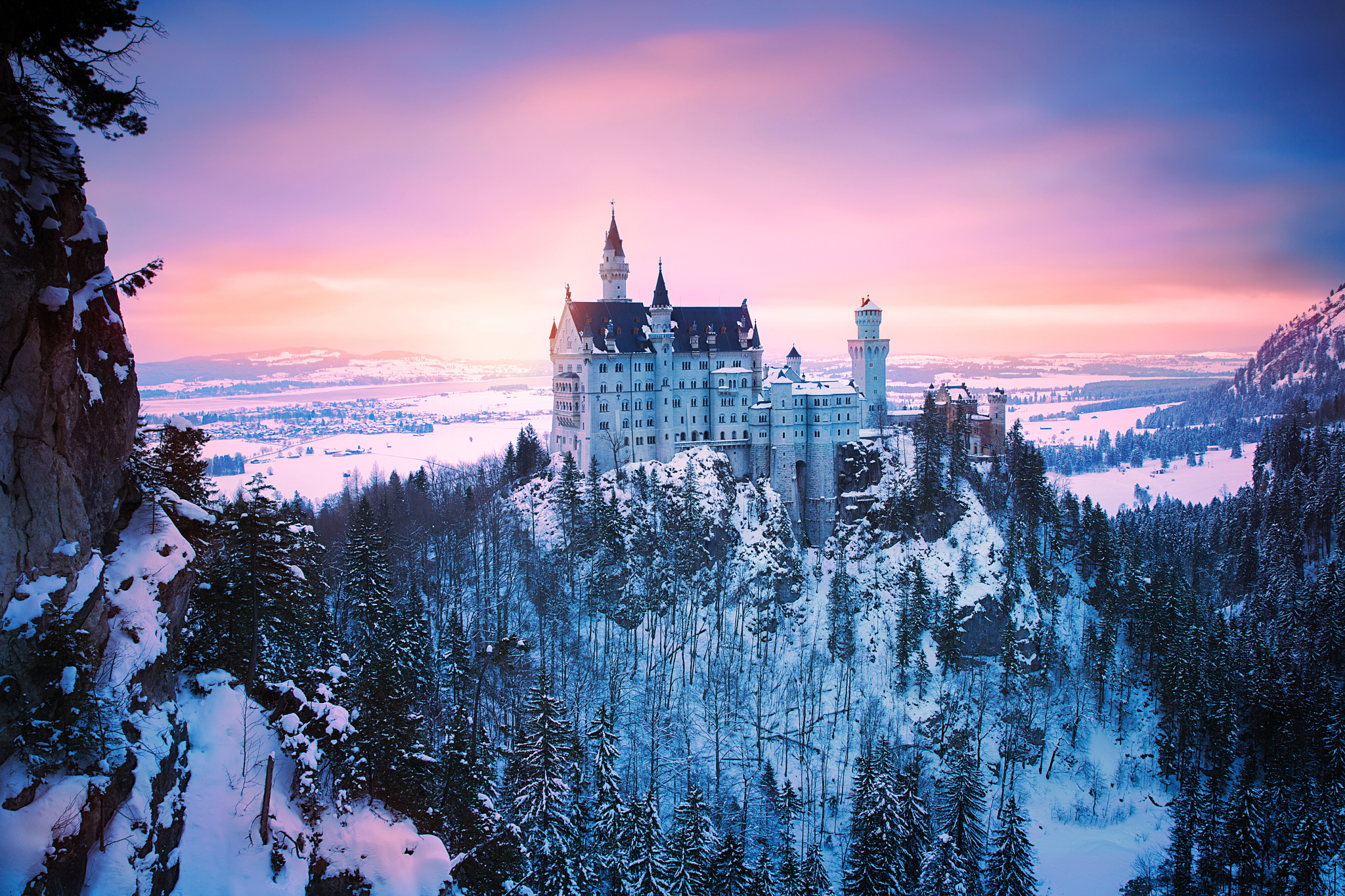 winter, germany, man made, neuschwanstein castle, bavaria, forest, sunset, castles