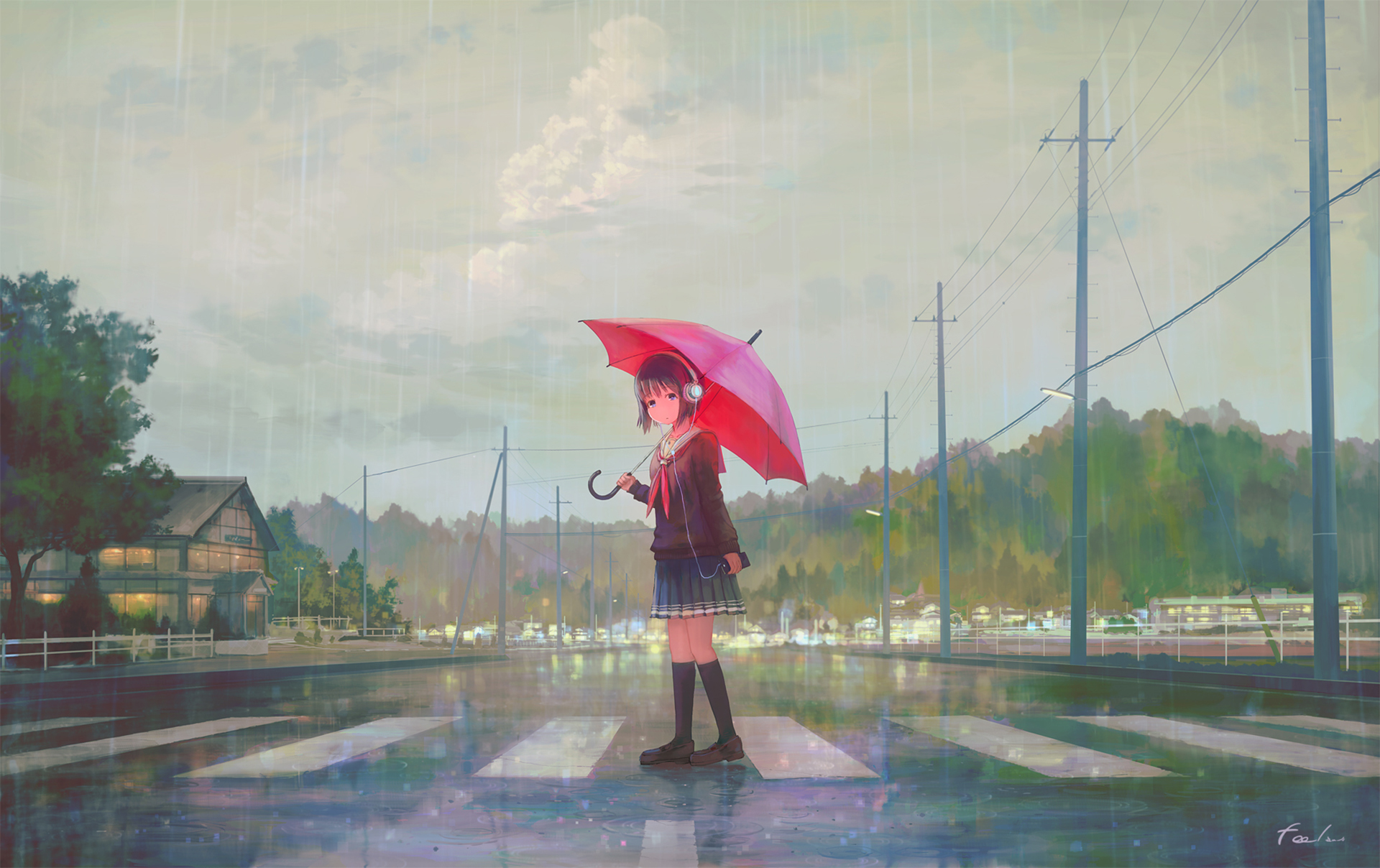 Download mobile wallpaper Anime, Rain, Road, Umbrella, Original for free.